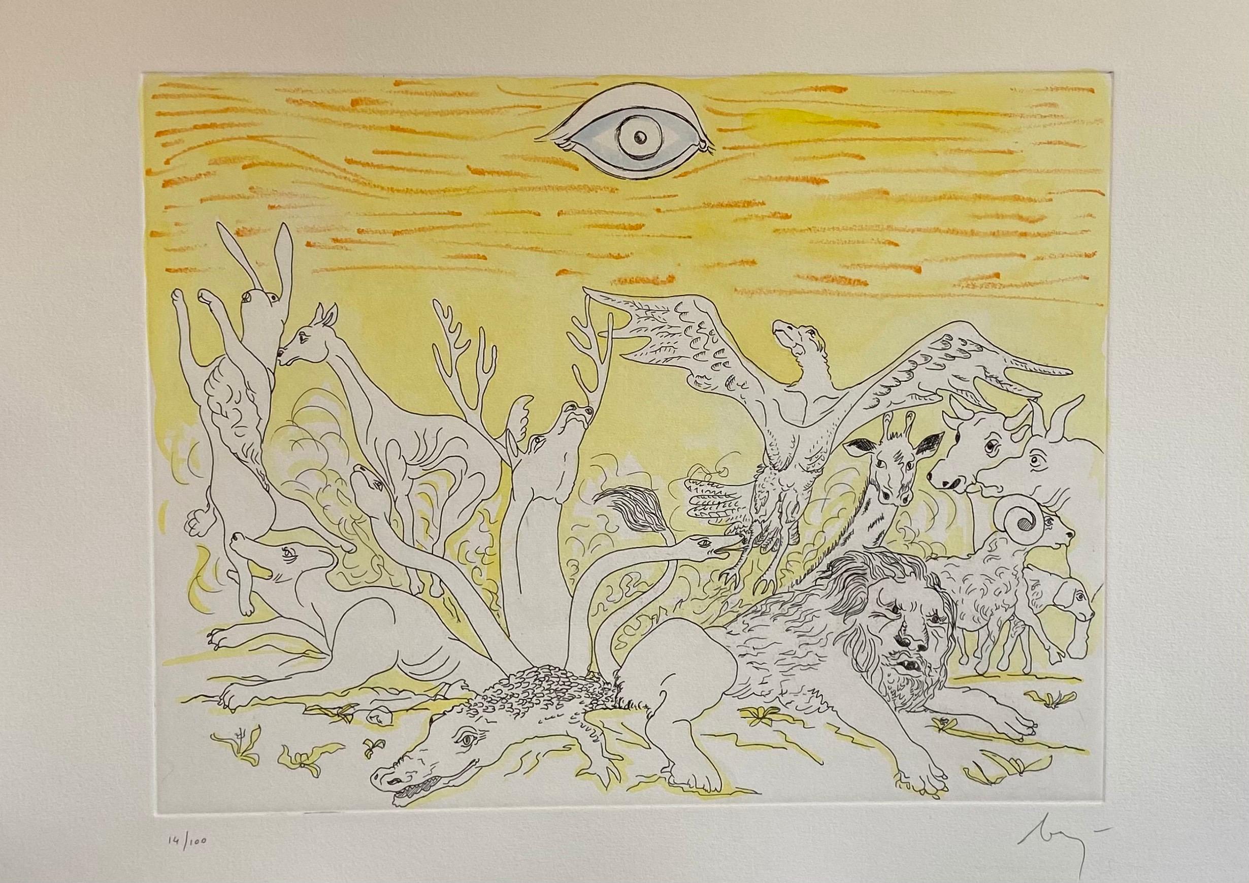 Enrico Baj (1924-2003) Italiano, impresión en edición limitada. 
Firmado a mano y numerado a lápiz de una edición limitada de 100 ejemplares
Aguafuerte con adición de pintura a mano en acuarela sobre él. 
Tamaño de la imagen: cm 39,5 x 29,5, hoja cm