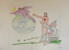Aguafuerte Surrealista Italiano Enrico Baj Pop Art con Pintura Acuarela