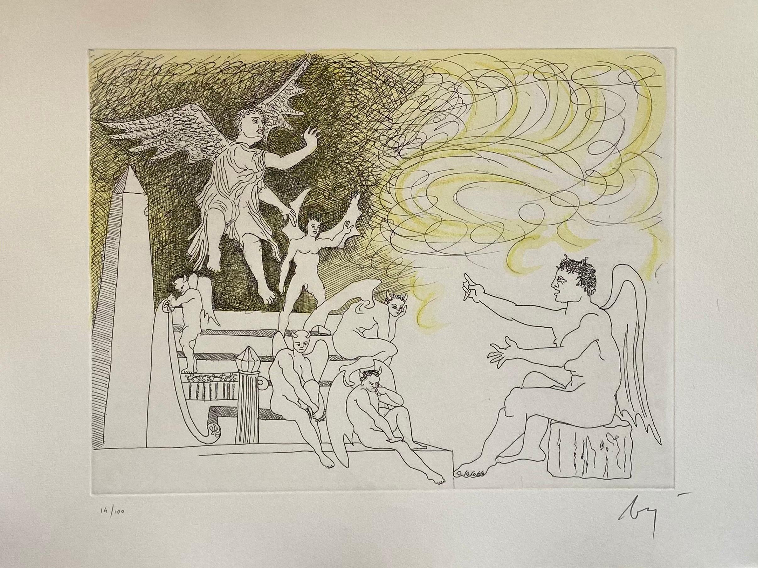 Aguafuerte Surrealista Italiano Enrico Baj Pop Art con Pintura Acuarela