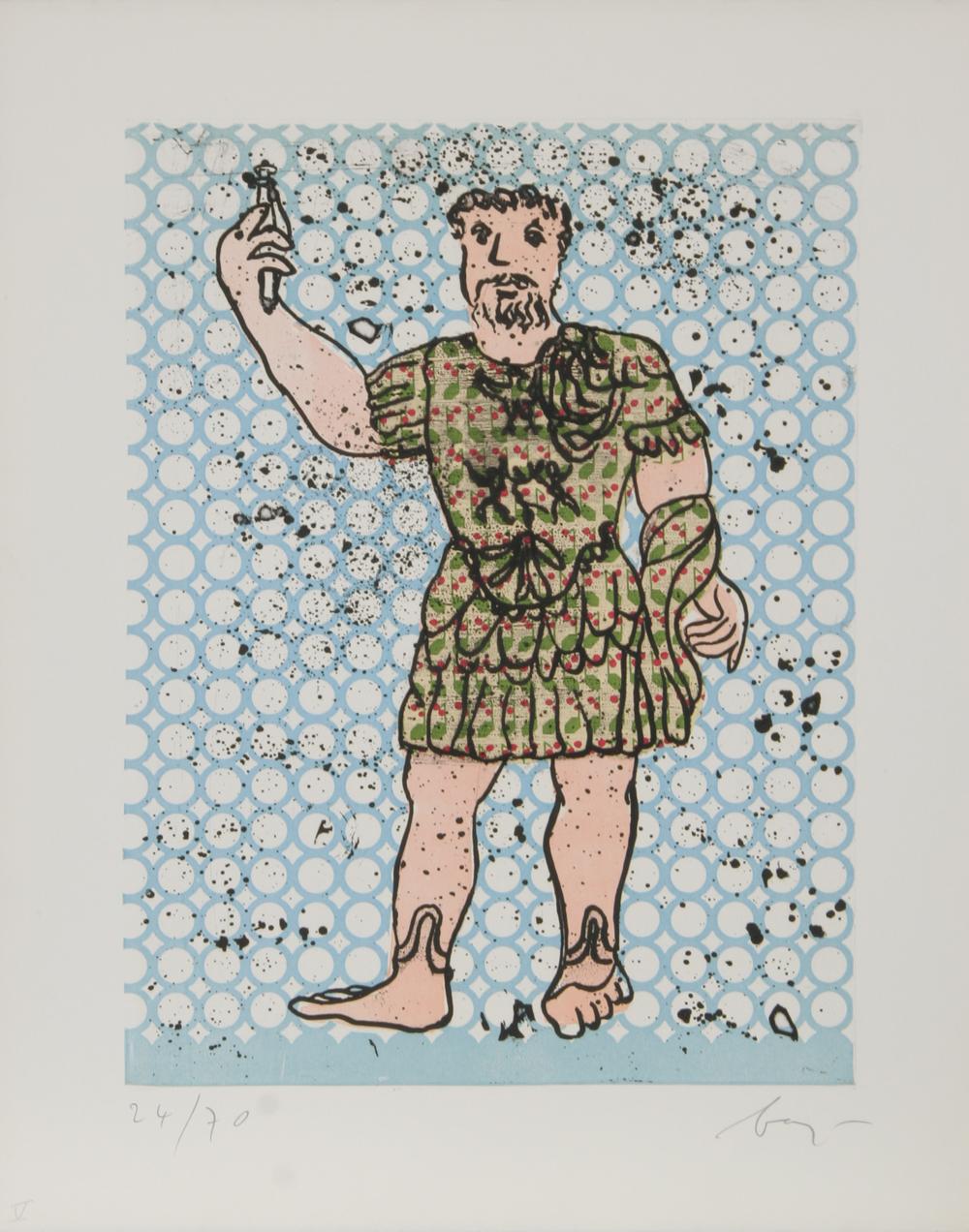 Artiste : Enrico Baj, italien (1924 - 2003)
Titre : Sextus Varius Avitus Bassianus Heliogabalus
Année : 1972
Médium : Eau-forte aquatinte avec collage, Signé et numéroté au crayon
Edition : 24/70
Taille : 19.5  x 15.75 in. (49.53  x 40,01 cm)