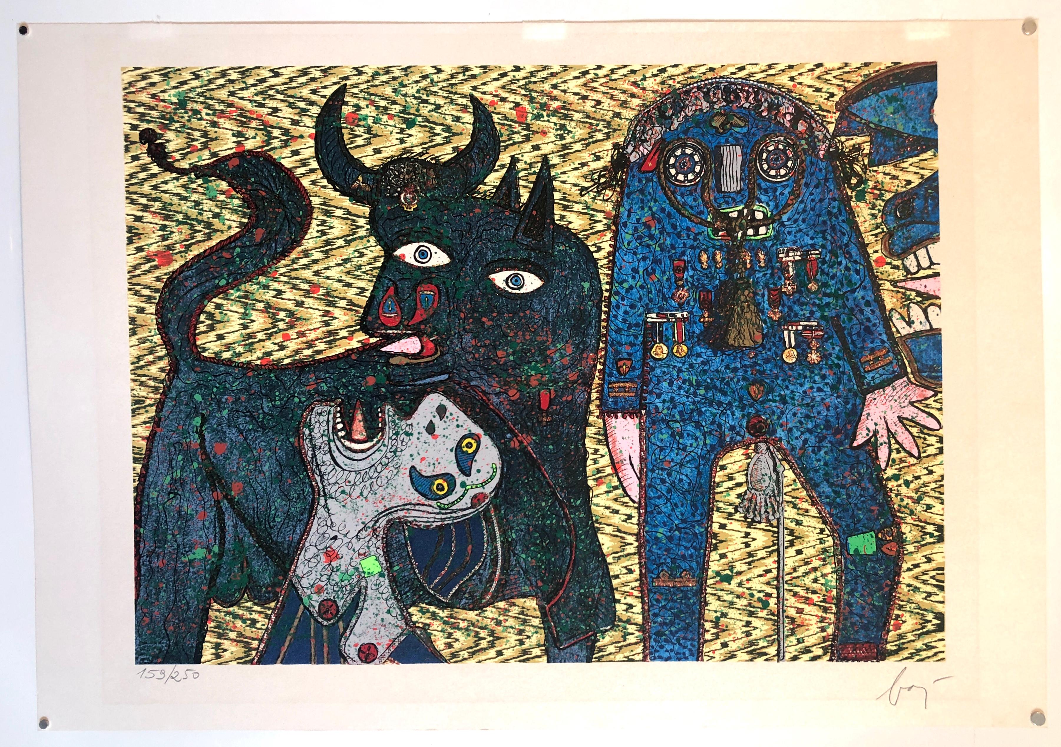 Serigrafía Surrealista Collage con Purpurina Múltiple Enrico Baj Arte Pop Italiano 1