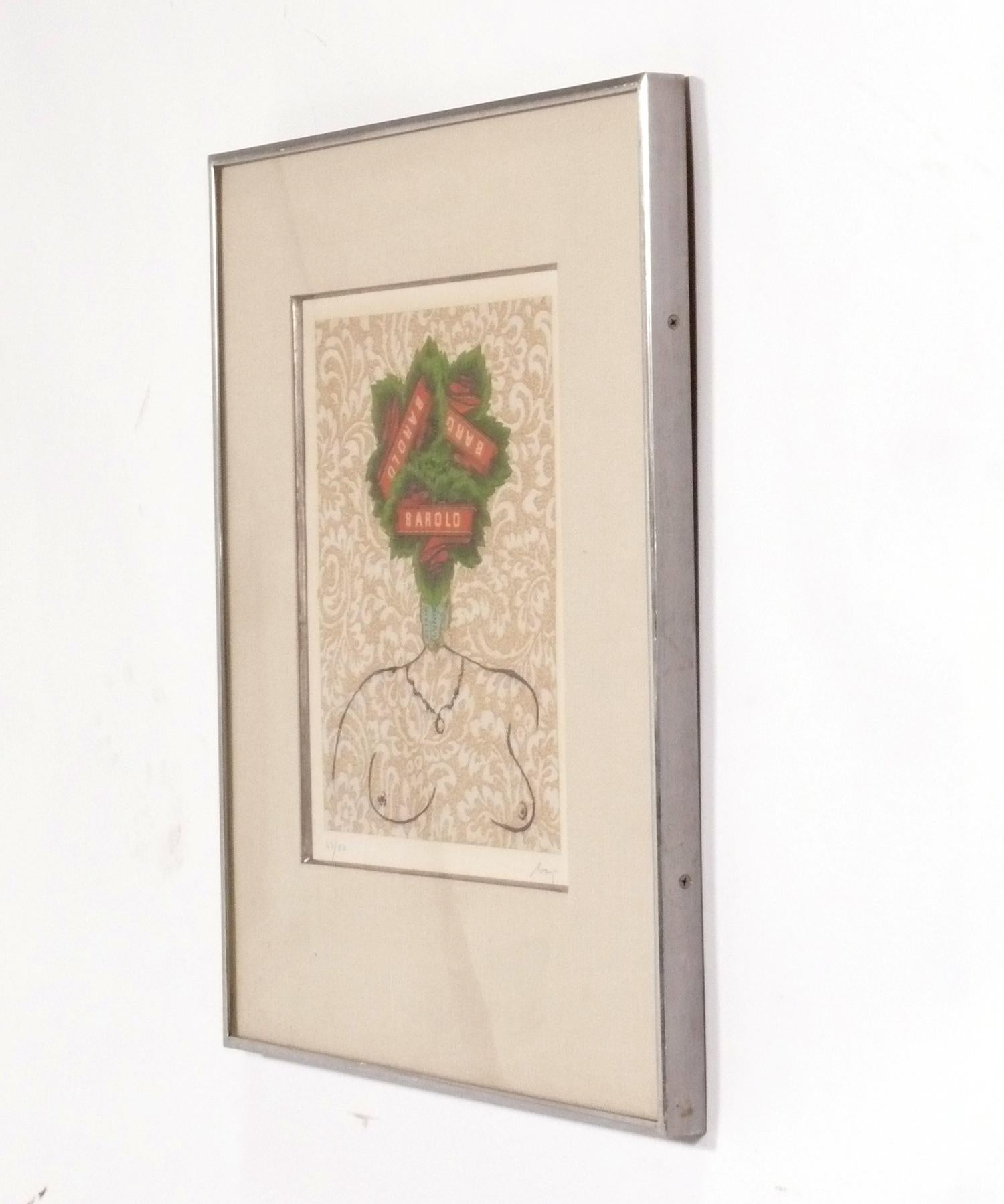 Abstract nude lithograph by Enrico Baj, Italian, circa 1960s. Entitled “Lady Jane Gray, Queen of England For Nine Days”. This piece is pencil signed and numbered by the artist, 43 of a very limited edition of only 50. It is beautifully framed in a