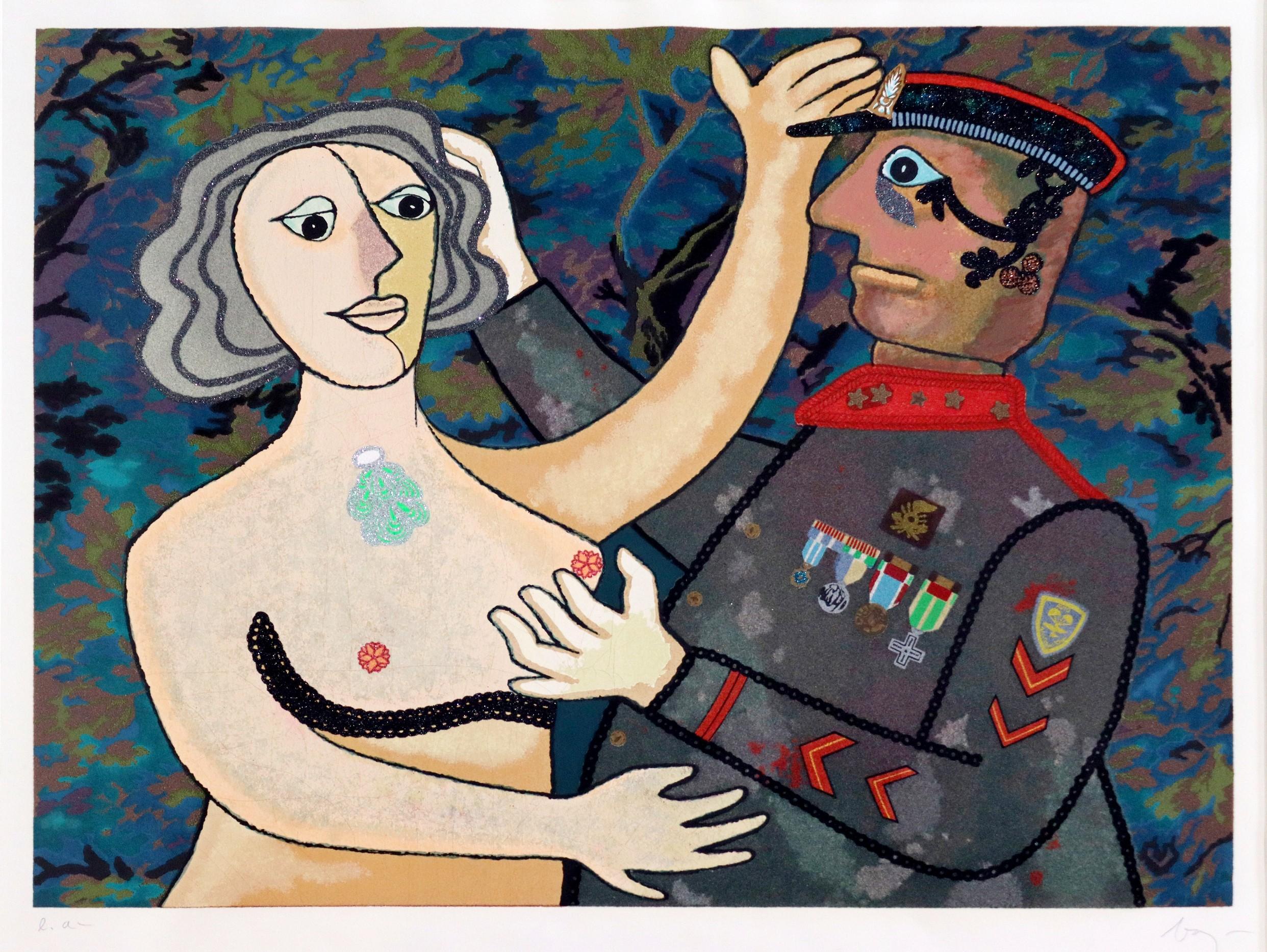 For your consideration is an amusing glitter embellished lithograph depicting a female nude and military figure, with an annotation E.A., and hand signed by Enrico Baj. 


Dimensions: 34 H x 40 W (framed). In excellent condition. 


Enrico Baj