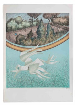 Incisione su carta raffigurante un uccello, in stile surrealista, firmata, tiratura di 120 esemplari, anni '90
