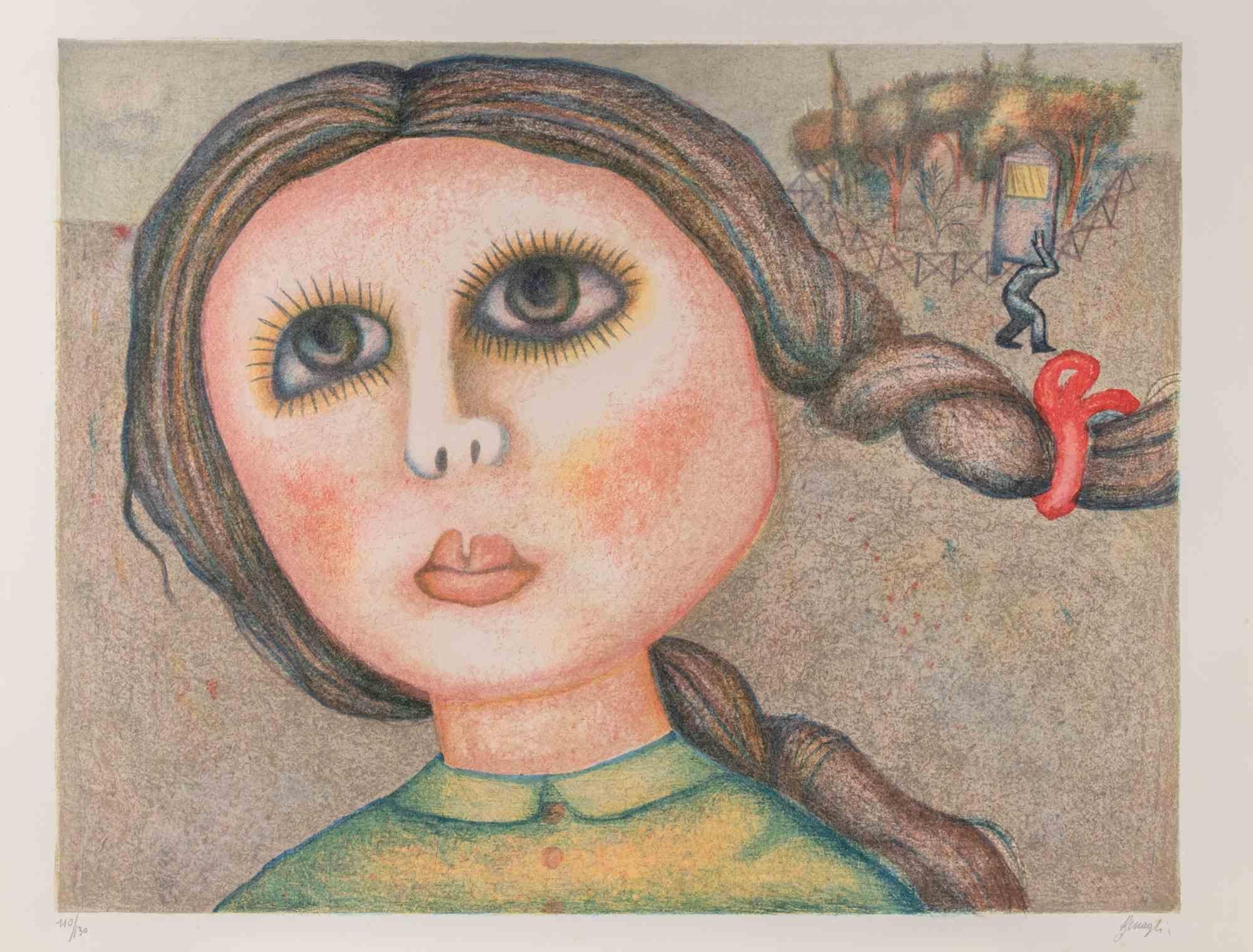 Portrait of a Girl - Lithograph by Enrico Benaglia - 1980s