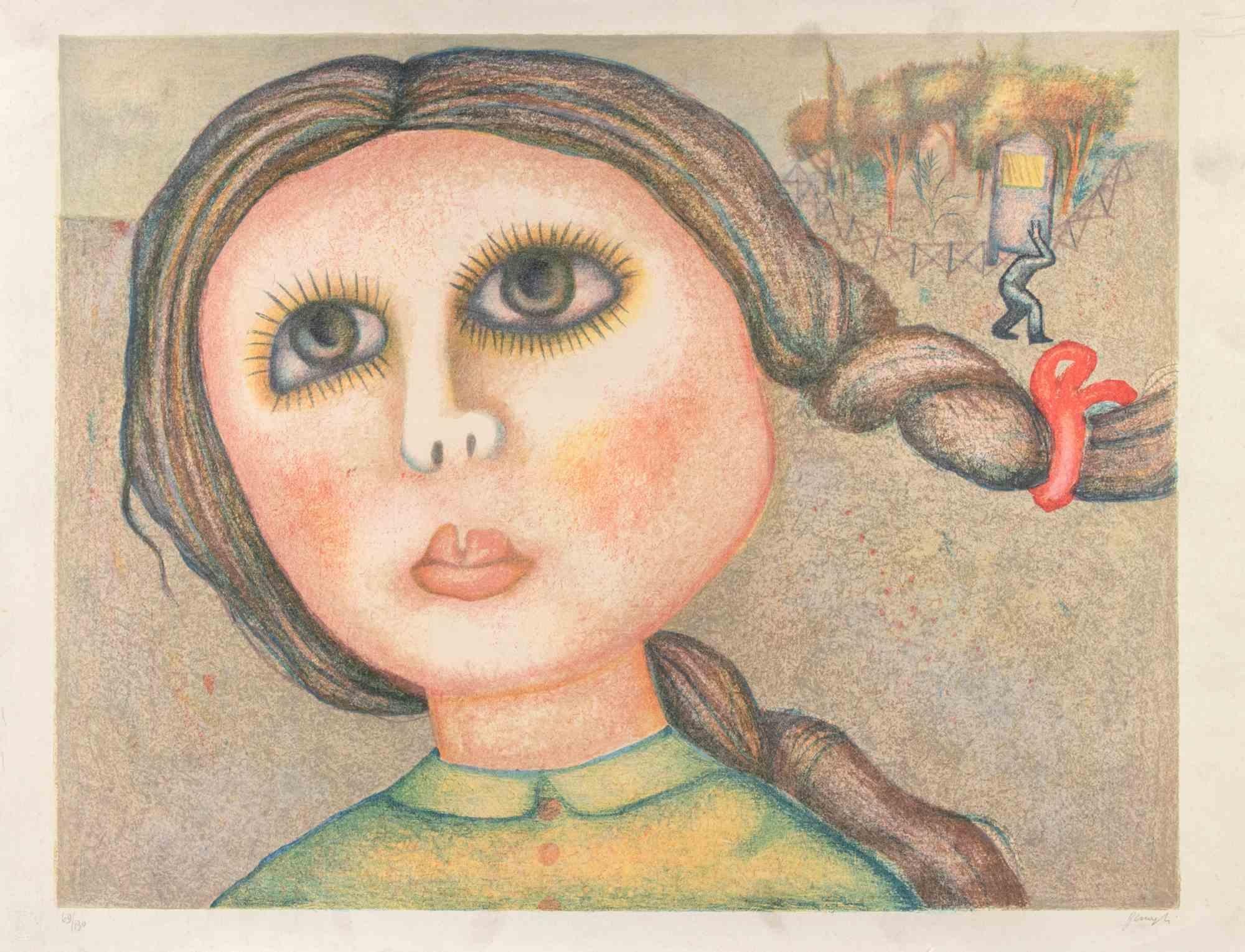 Portrait of a Girl - Lithograph by Enrico Benaglia - 1980s