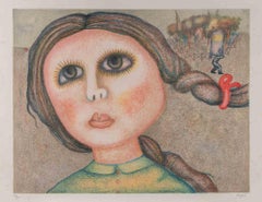 Portrait d'une jeune fille - Lithographie d'Enrico Benaglia - Années 1980