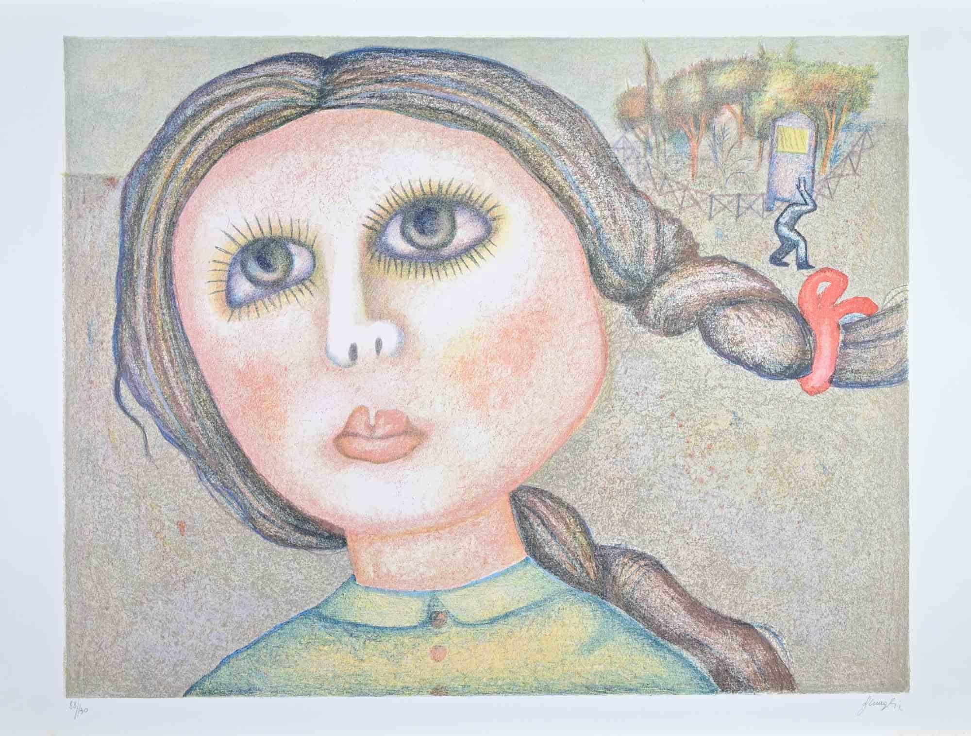 Colored lithograph on wove paper realized by Enrico Benaglia in 1980s.

Edition of 130.

Hand signed and numbered in pencil.

Very good condition.

This expressive lithograph by Enrico Benaglia reveals the artist’s distinctive fusion of fantasy and