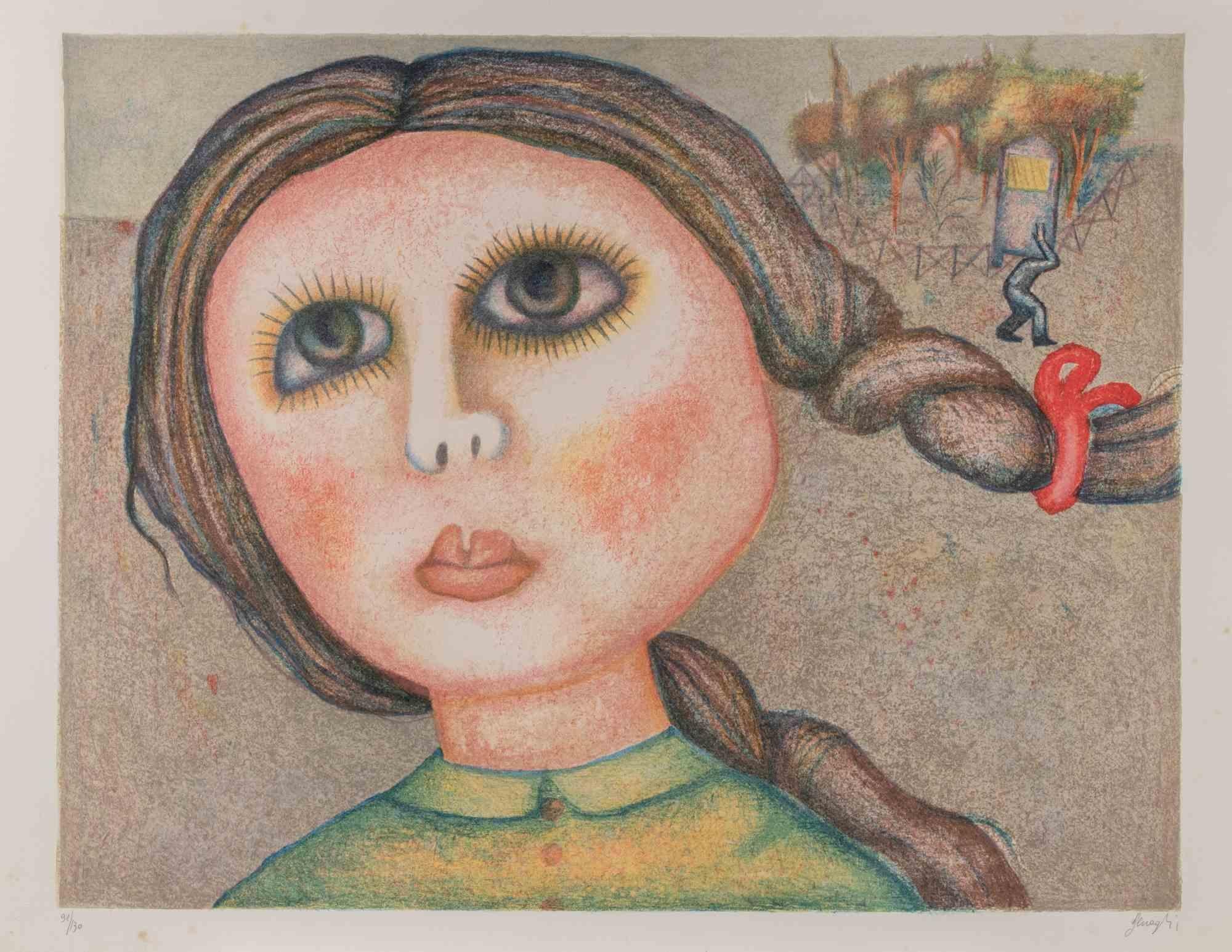 Colored lithograph on wove paper realized by Enrico Benaglia in 1980s.

Edition of 130.

Hand signed and numbered in pencil.

Very good condition.

This expressive lithograph by Enrico Benaglia reveals the artist’s distinctive fusion of fantasy and