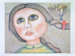 Retrato de niña - Litografía de Enrico Benaglia - Años 80