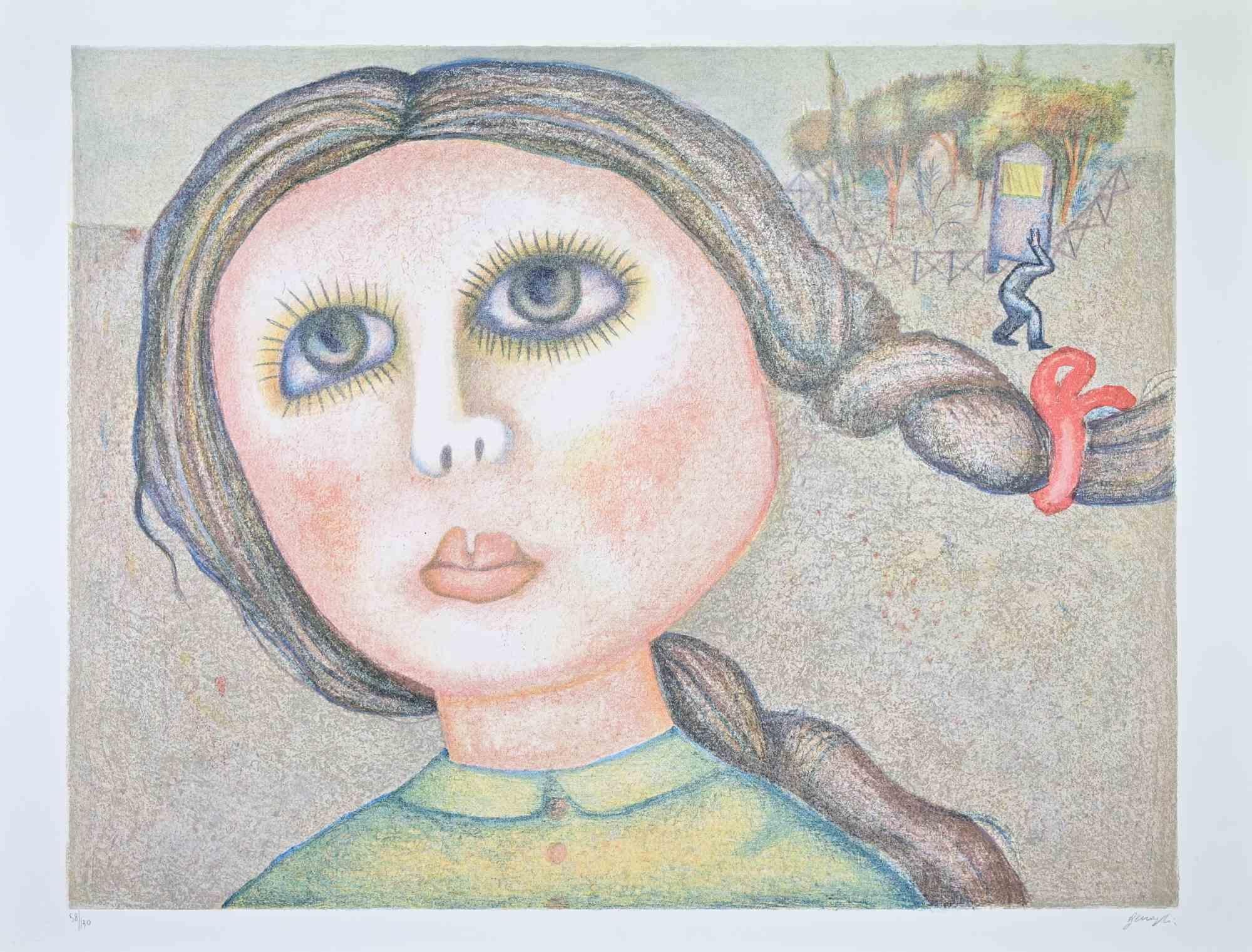 Colored lithograph on wove paper realized by Enrico Benaglia in 1980s.

Edition of 130.

Hand signed and numbered in pencil.

Very good condition.

This expressive lithograph by Enrico Benaglia reveals the artist’s distinctive fusion of fantasy and