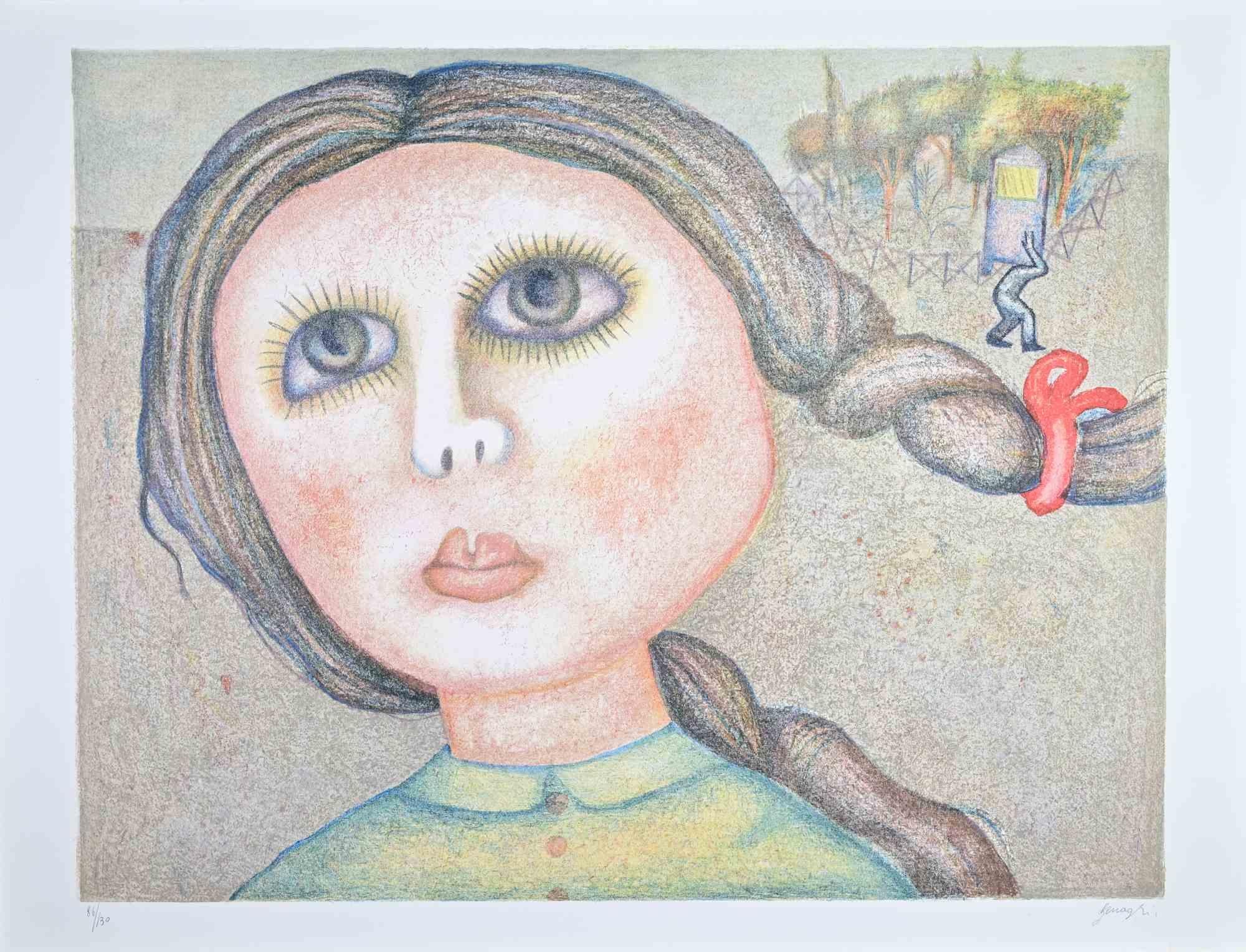 Colored lithograph on wove paper realized by Enrico Benaglia in 1980s.

Edition of 130.

Hand signed and numbered in pencil.

Very good condition.

This expressive lithograph by Enrico Benaglia reveals the artist’s distinctive fusion of fantasy and