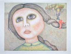 Portrait of a Girl - Lithograph by Enrico Benaglia - 1980s