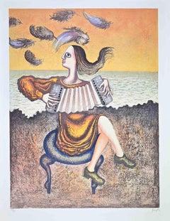 The Accordion Player - Etching by Enrico Benaglia - 1980s