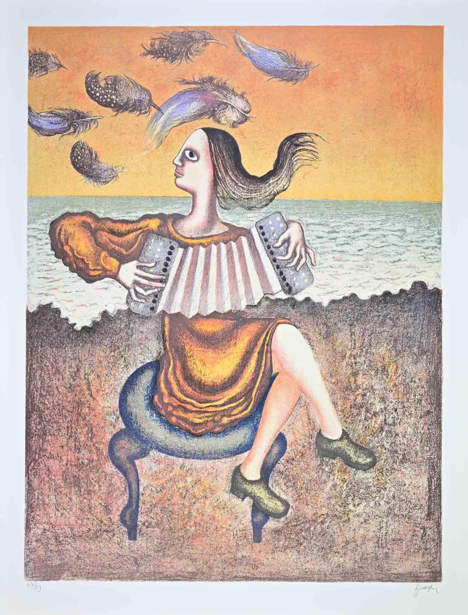 The Accordion Player - Etching by Enrico Benaglia - 1980s