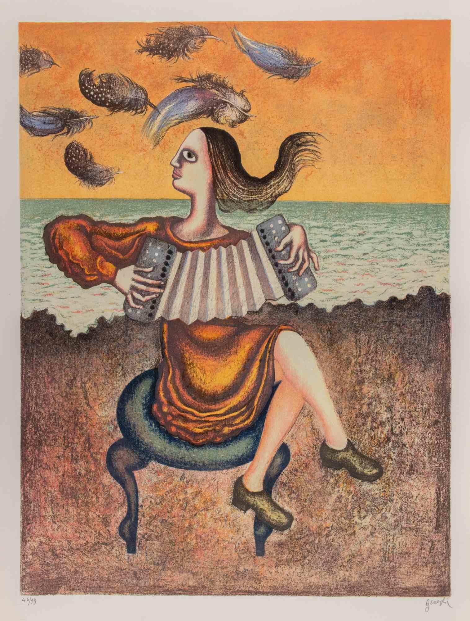 Color lithograph on wove paper realized by Enrico Benaglia in 1980s.

Edition of 99.

Hand signed and numbered in pencil.

This imaginative lithograph by Enrico Benaglia exudes both lyricism and whimsy, hallmarks of the artist’s graphic oeuvre.