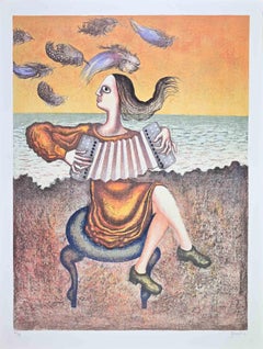Il suonatore di fisarmonica - Litografia di Enrico Benaglia - Anni '80