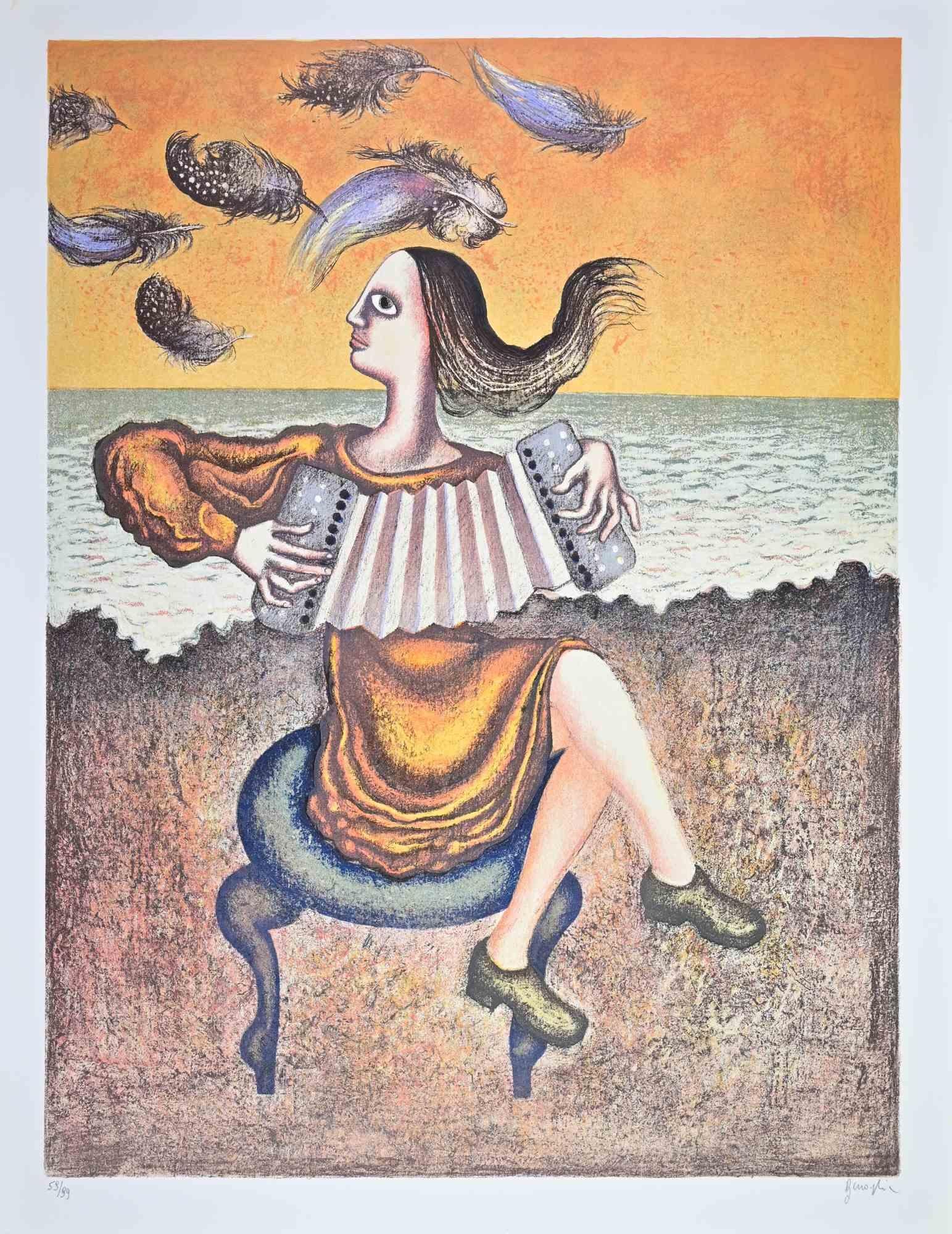 Color lithograph on wove paper realized by Enrico Benaglia in 1980s.

Edition of 99.

Hand signed and numbered in pencil.

This imaginative lithograph by Enrico Benaglia exudes both lyricism and whimsy, hallmarks of the artist’s graphic oeuvre.