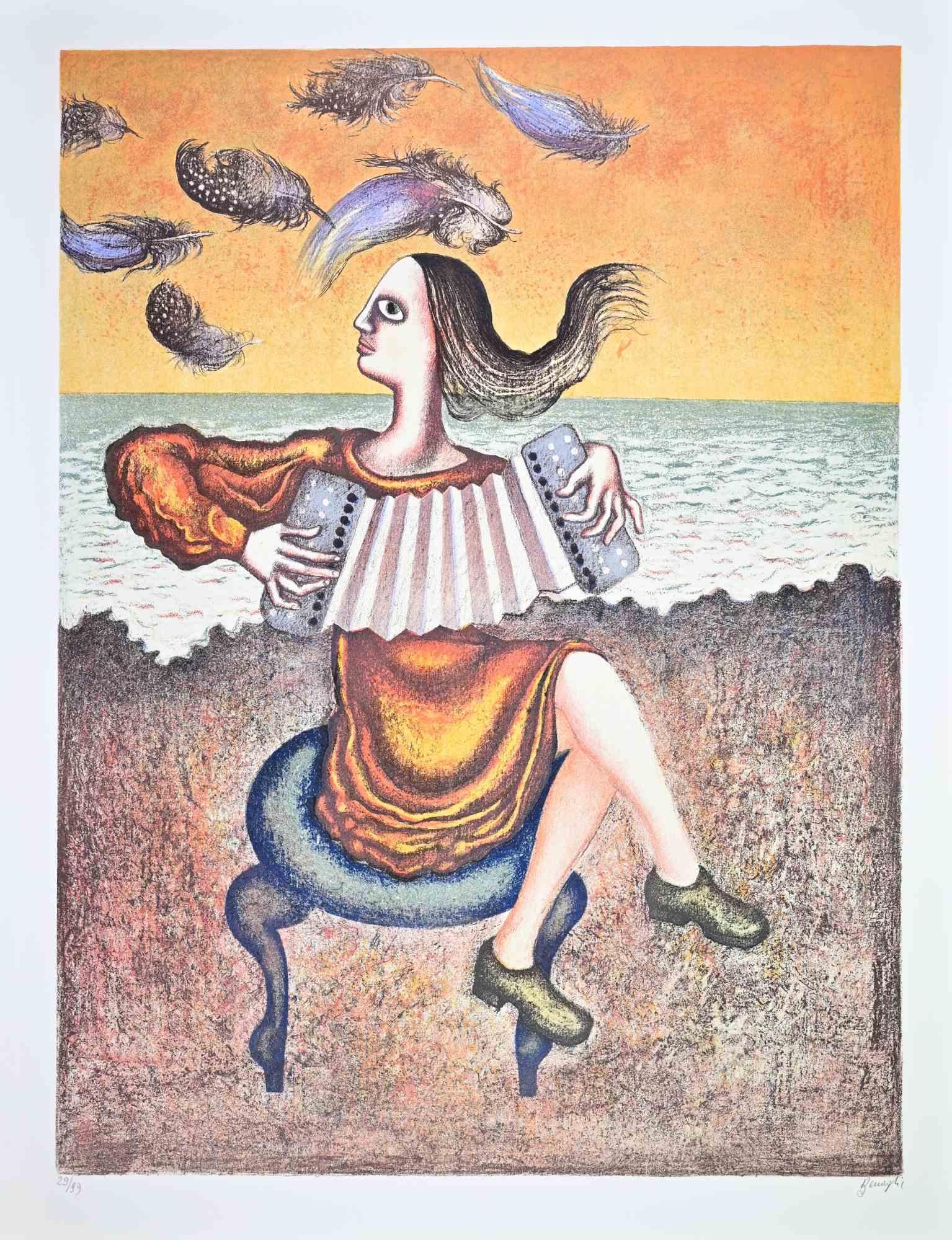 Litografía en color sobre papel tejido realizada por Enrico Benaglia en la década de 1980.

Edición de 99.

Firmada a mano y numerada a lápiz.

Esta imaginativa litografía de Enrico Benaglia destila lirismo y fantasía, rasgos distintivos de la obra