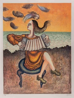 The Accordion Player - Lithograph by Enrico Benaglia - 1980s