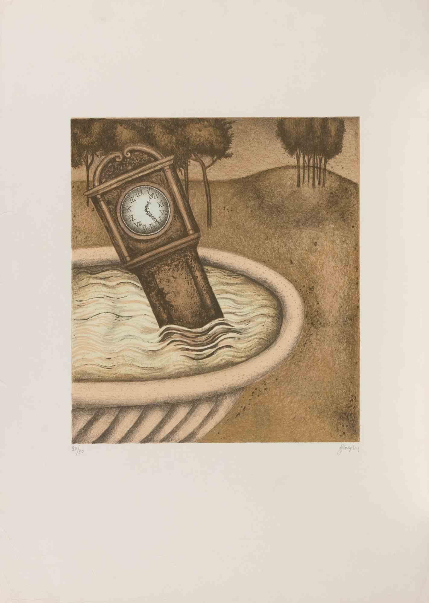 Etching on paper, hand signed and numbered.

Edition of 90.

Etching with subtle tonal modulation, executed with Enrico Benaglia’s distinctive narrative sensitivity and quiet surrealism. The composition depicts an elegant clock—reminiscent of a