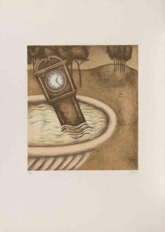 The Clock in the Fountain - Etching by Enrico Benaglia - 1990s