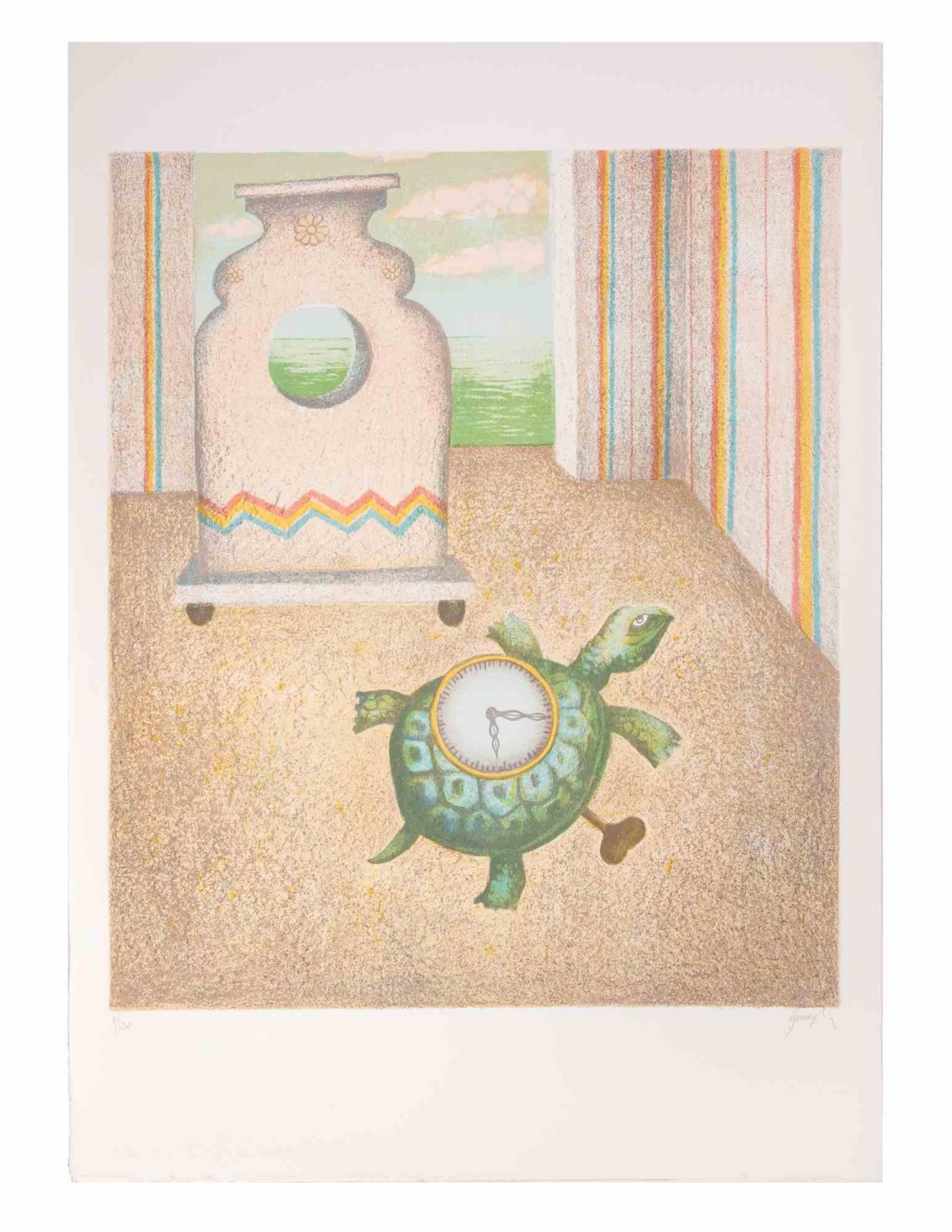 Die Schildkrötenuhr - Lithographie von Enrico Benaglia - 1990er Jahre im Angebot 1