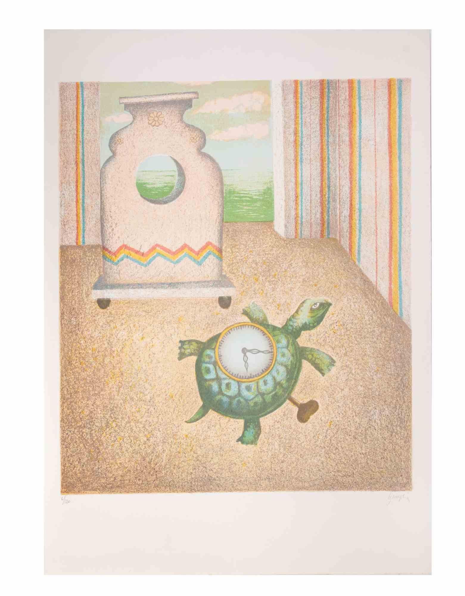 Die Schildkrötenuhr - Lithographie von Enrico Benaglia - 1990er Jahre im Angebot 1