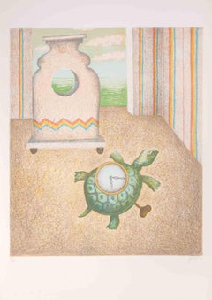 L'horloge-tortue - Lithographie d'Enrico Benaglia - années 1990