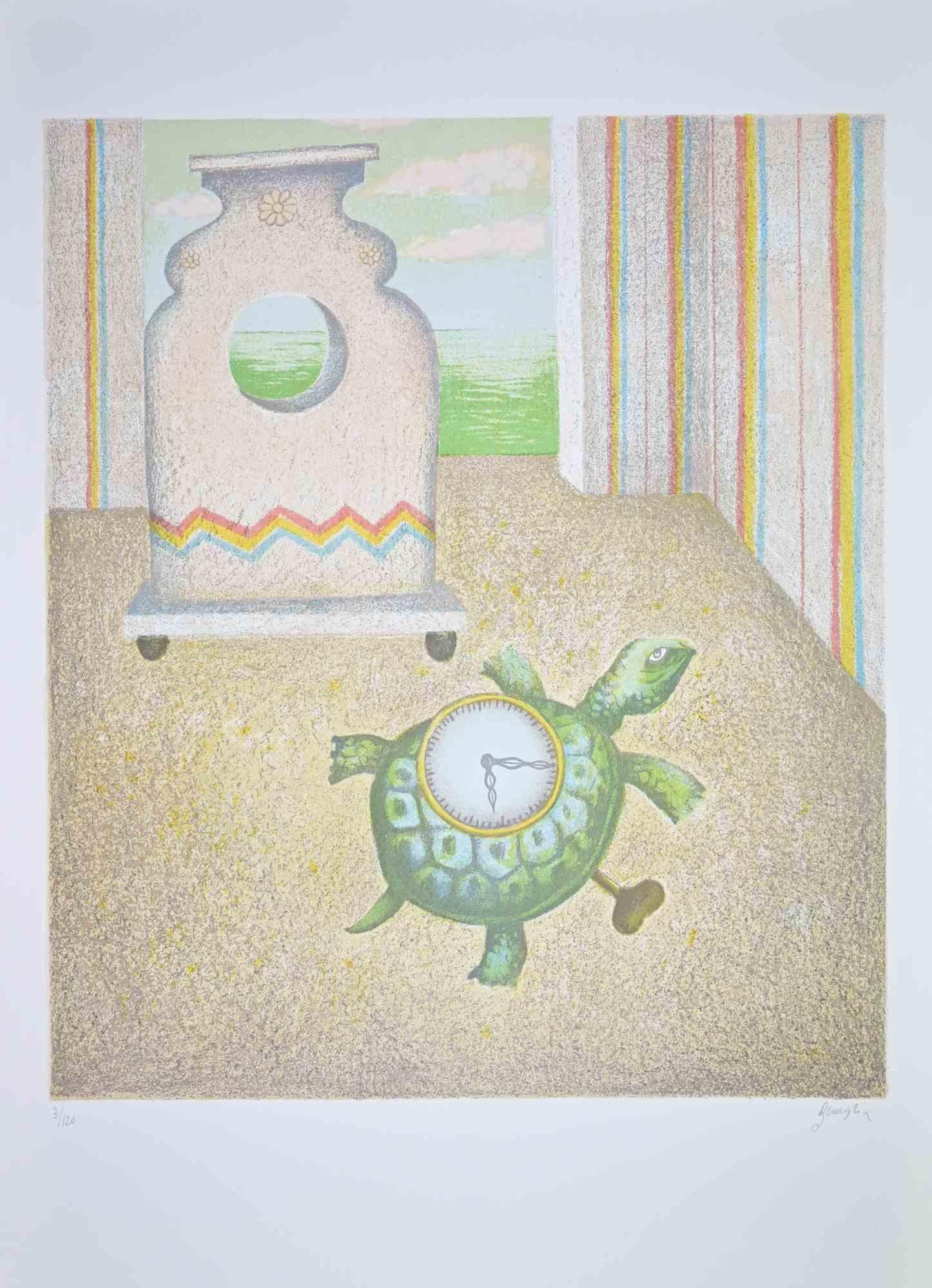 The Turtle-Clock - Lithograph by Enrico Benaglia - 1990s