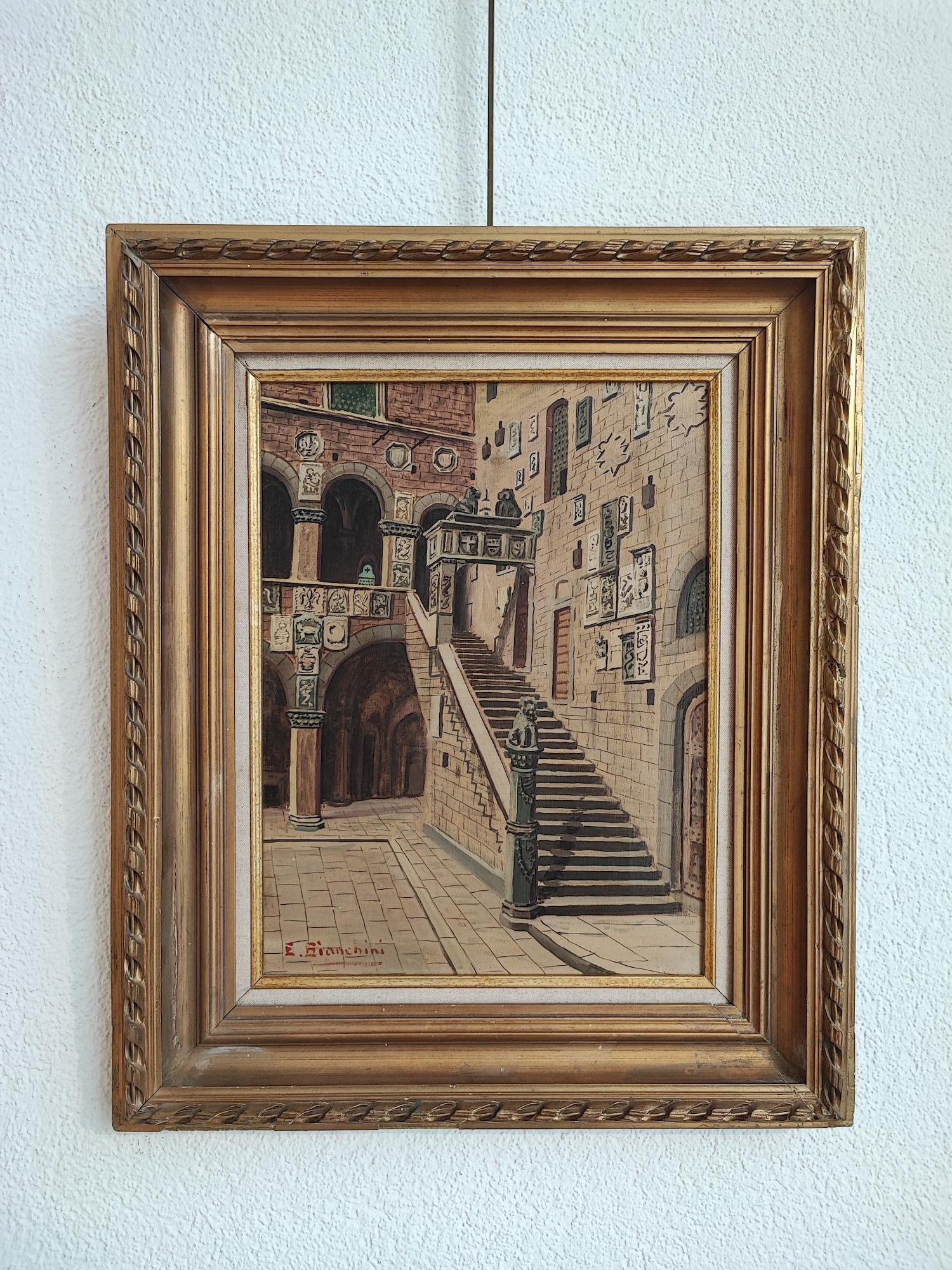Florence Courtyard of the Bargello - Painting by Enrico Bianchini