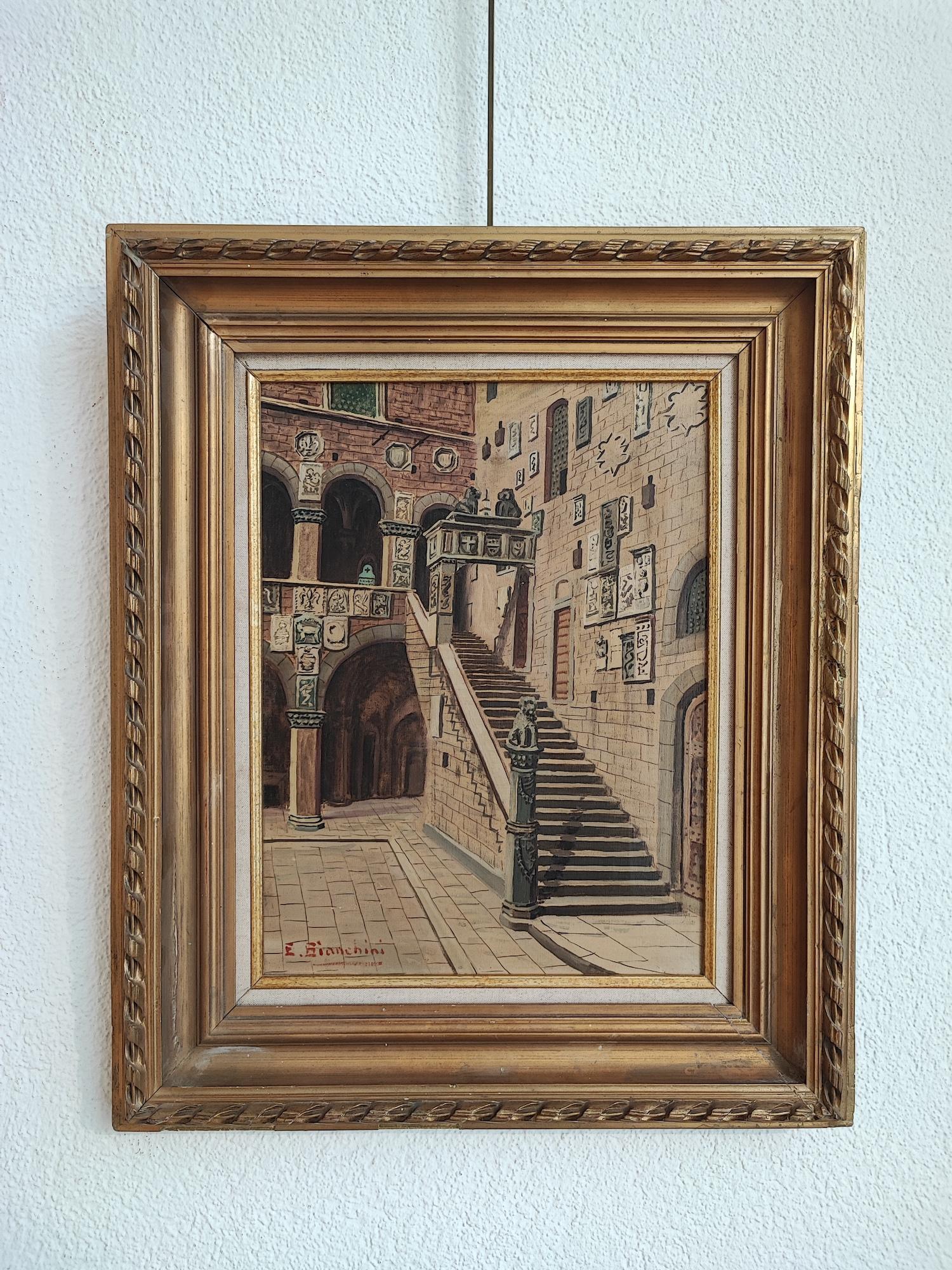 Florenz Innenhof des Bargello – Painting von Enrico Bianchini