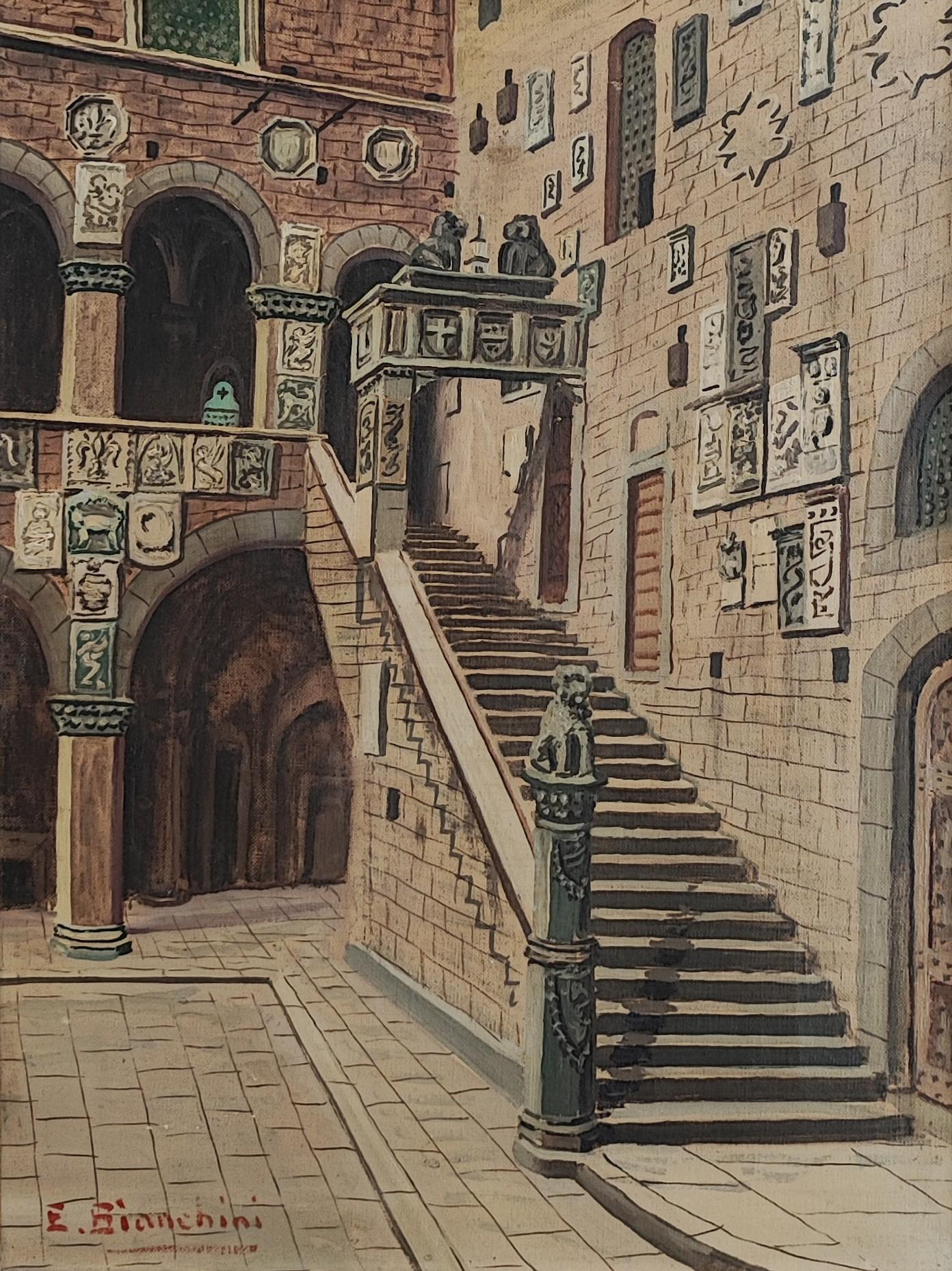 Enrico Bianchini Landscape Painting - Florence Courtyard of the Bargello