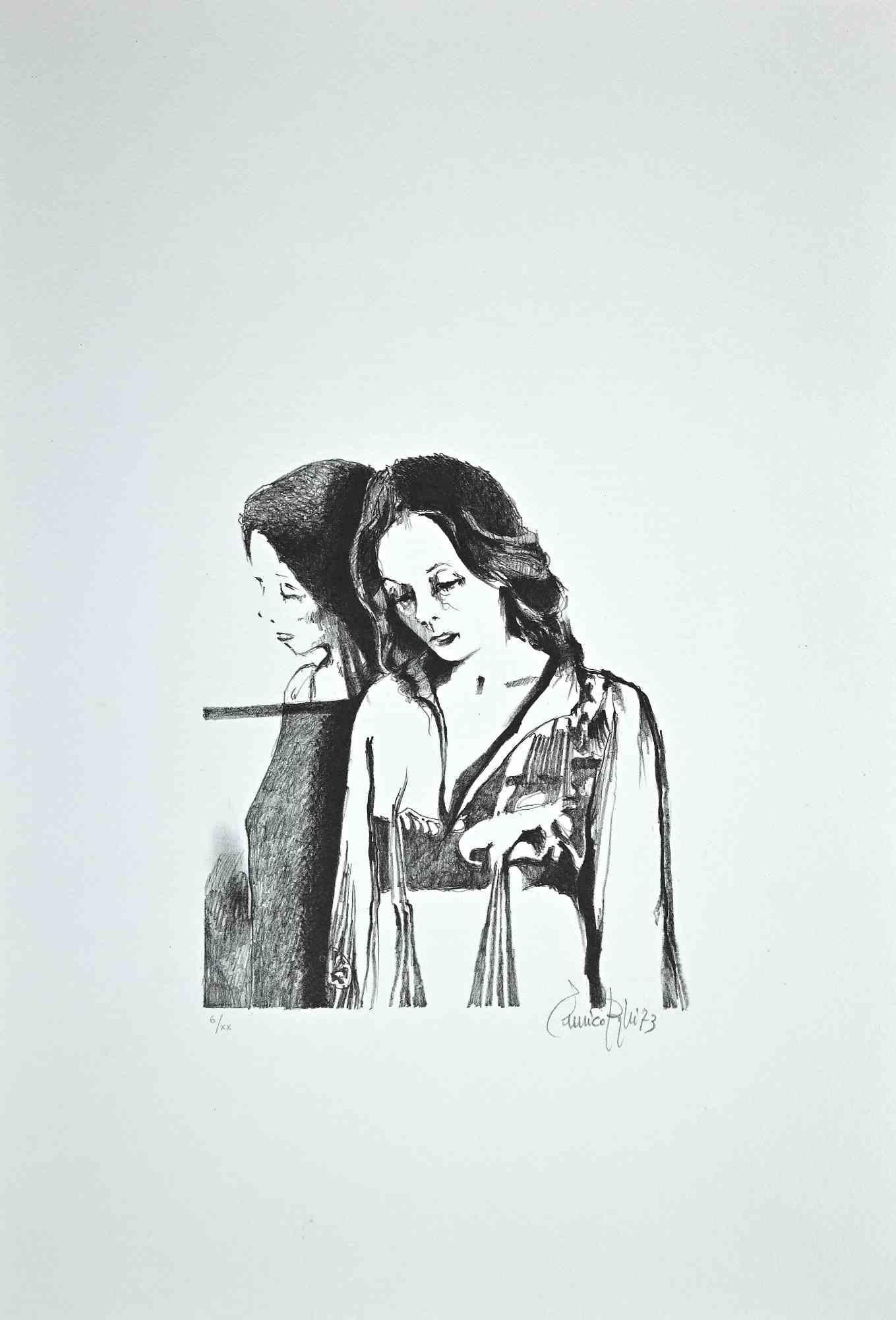 The Woman is an original lithograph on paper, realized by the Italian artist Enrico Borghi.

In good condition.

Hand-signed.

Numbered. Edition, 6/XX.

This contemporary piece is depicted through strong lines and intense black and white, which made