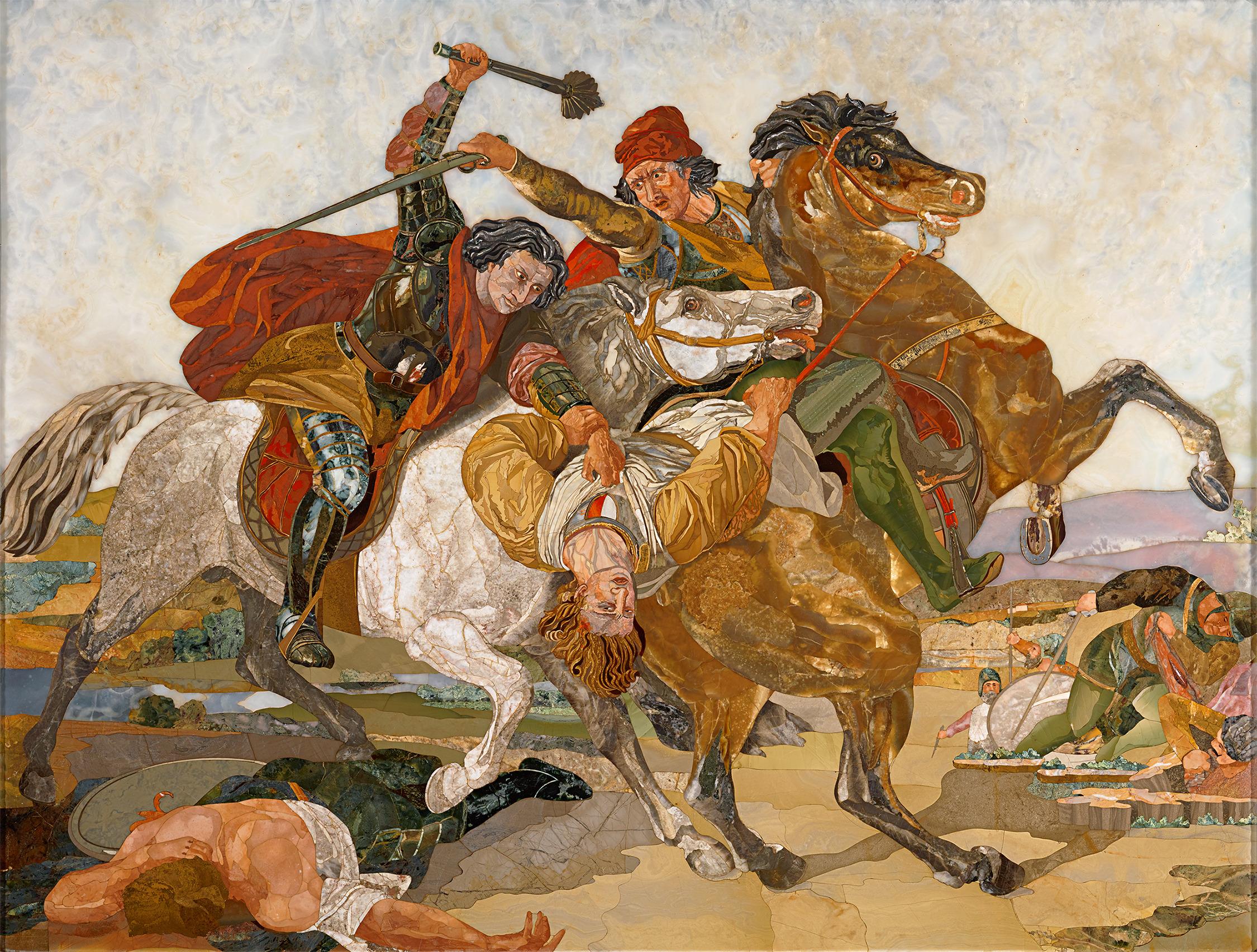 Enrico Bosi
fl.1850-1865  Italian

The Battle of Anghiari

Maker's label inscribed "H. Bosi / Firenze" (en verso)
Pietre dure

Based on a lost painting by Leonardo da Vinci, which was later copied by Peter Paul Rubens, this exceptional pietre dure