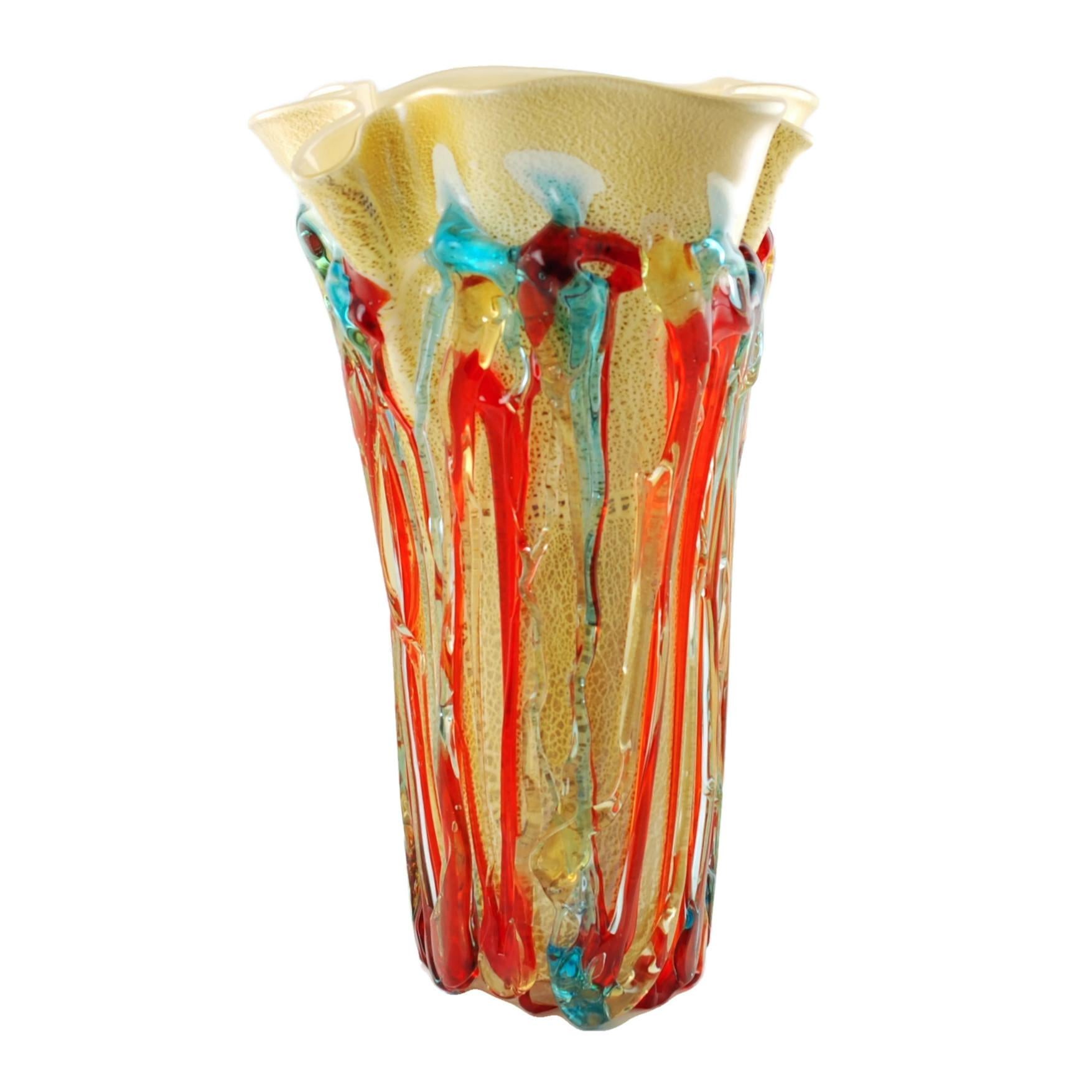 Moderne Vase Foglia d'Oro d'Enrico Cammozzo en verre de Murano avec décoration en verre appliqué en vente