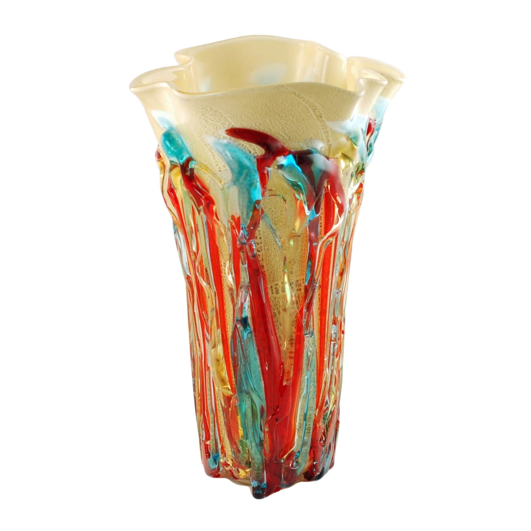 Modern Enrico Cammozzo Murano Glass Foglia d'Oro Vase with Applied Glass Decoration For Sale