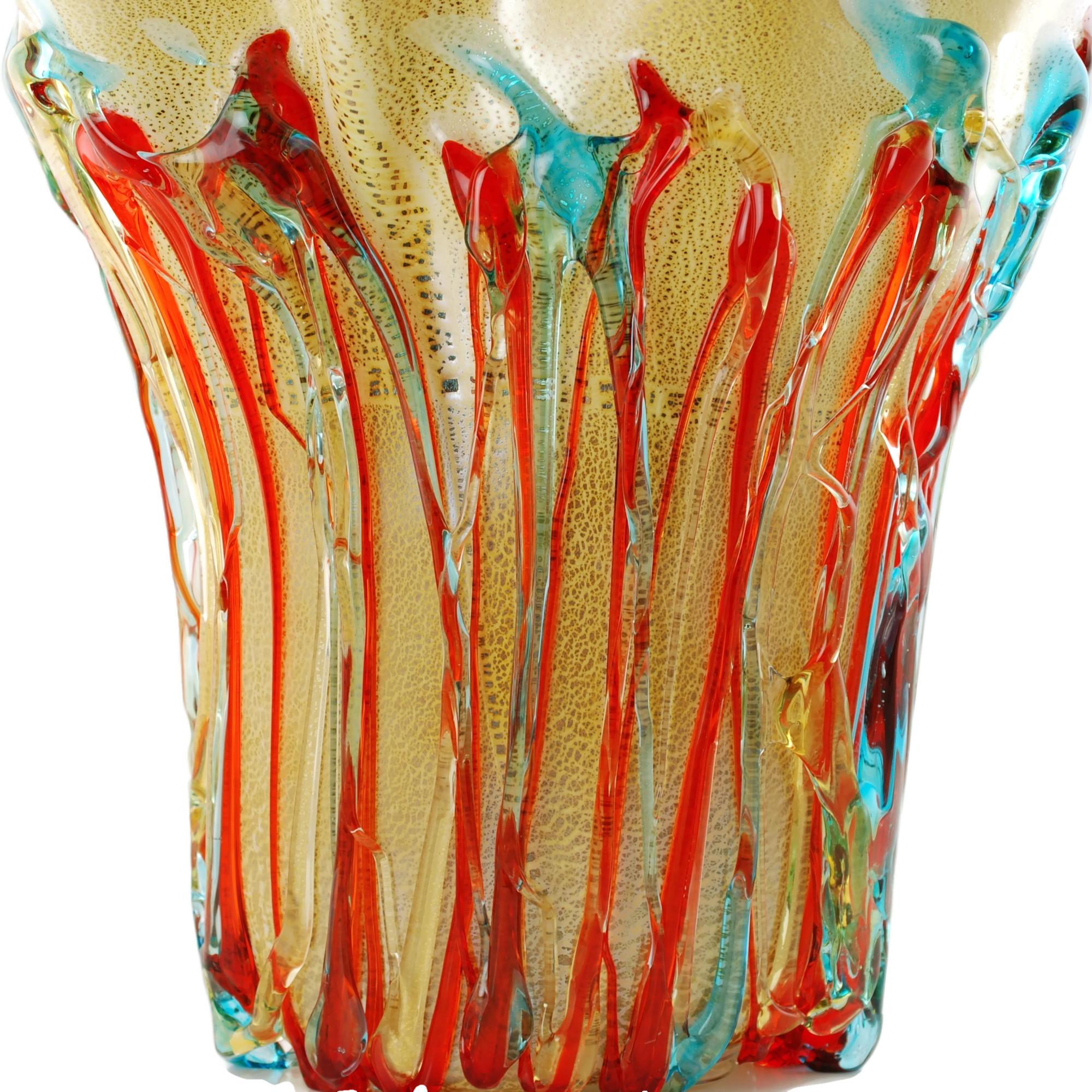 Enrico Cammozzo: Muranoglas-Vase Foglia d'Oro mit aufgesetztem Glasdekor (20. Jahrhundert) im Angebot