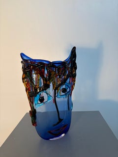 Enrico Camozzo Murano Blue Blown Glass Picasso-Style Face Vase