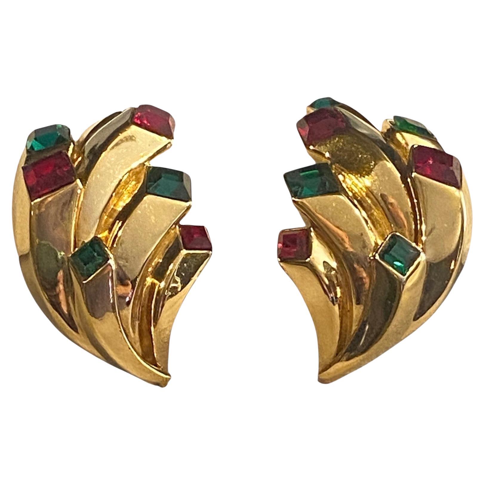 Orecchini scultura Enrico Coveri anni '80 in oro, rosso e verde con strass in vendita