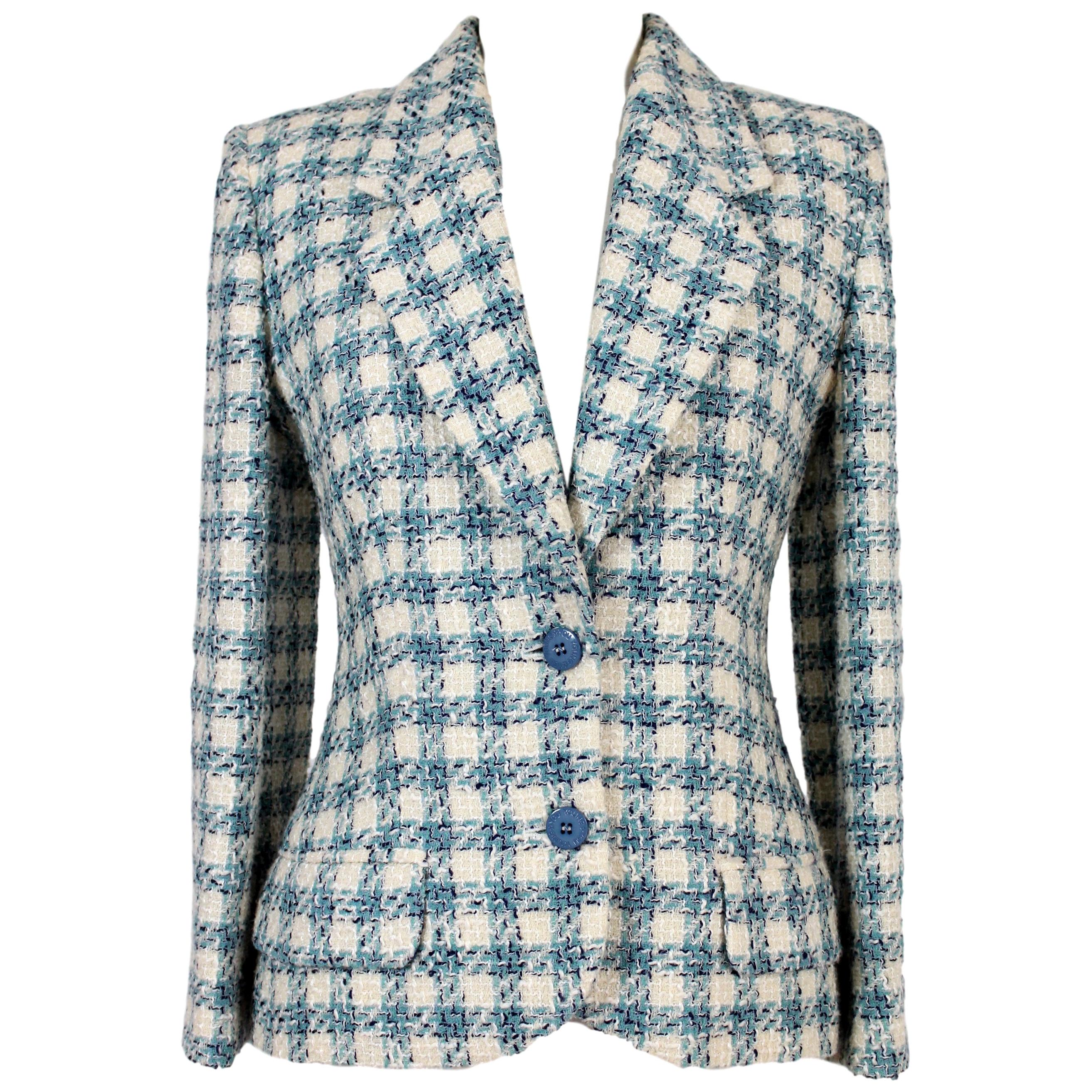 Enrico Coveri Blue White Wool Boucle Classic Jacket