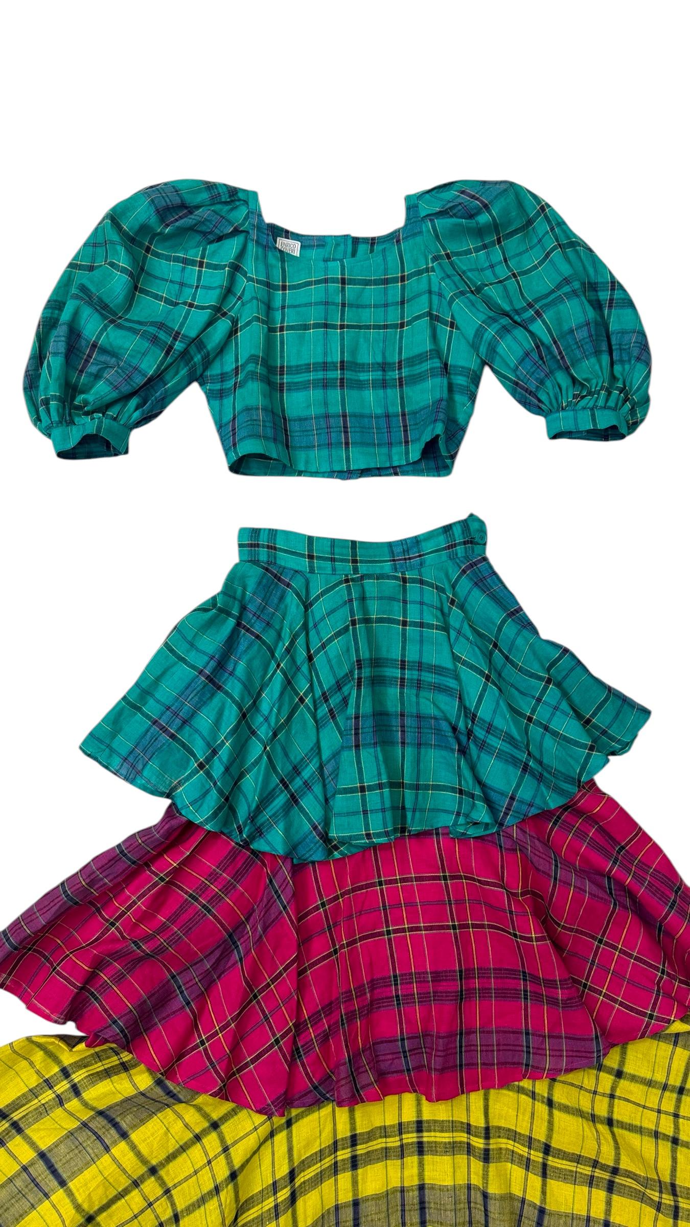 Enrico Coveri Boutique Tartan Puff-Sleeve Three-Piece Ensemble For Sale 2