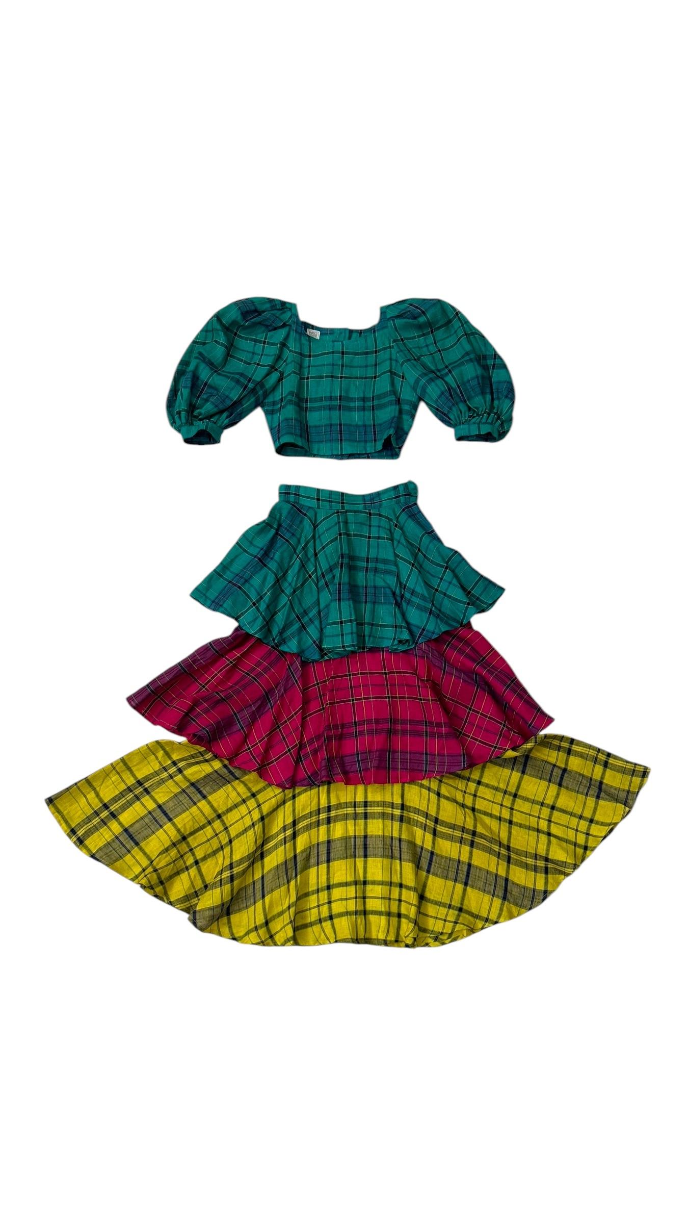 Enrico Coveri Boutique Tartan Puff-Sleeve Three-Piece Ensemble For Sale