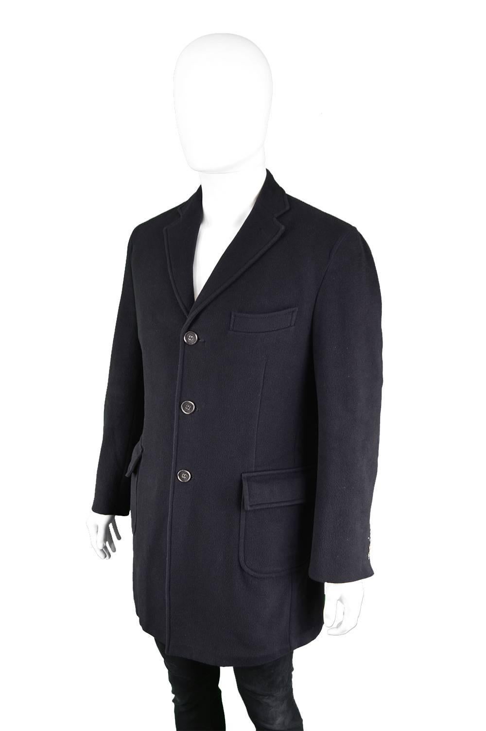 Enrico Coveri Men's Vintage 1990s Black Wool & Cashmere Hand Finished Overcoat In Excellent Condition In Doncaster, South Yorkshire
