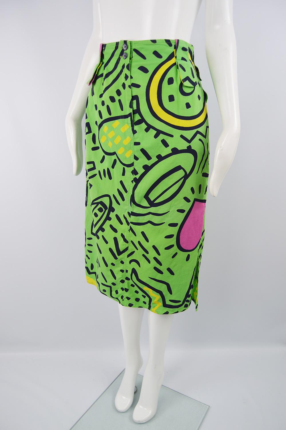 Enrico Coveri Rare Keith Haring Print Vintage Green Cotton Skirt, Spring 1985 In Excellent Condition In Doncaster, South Yorkshire