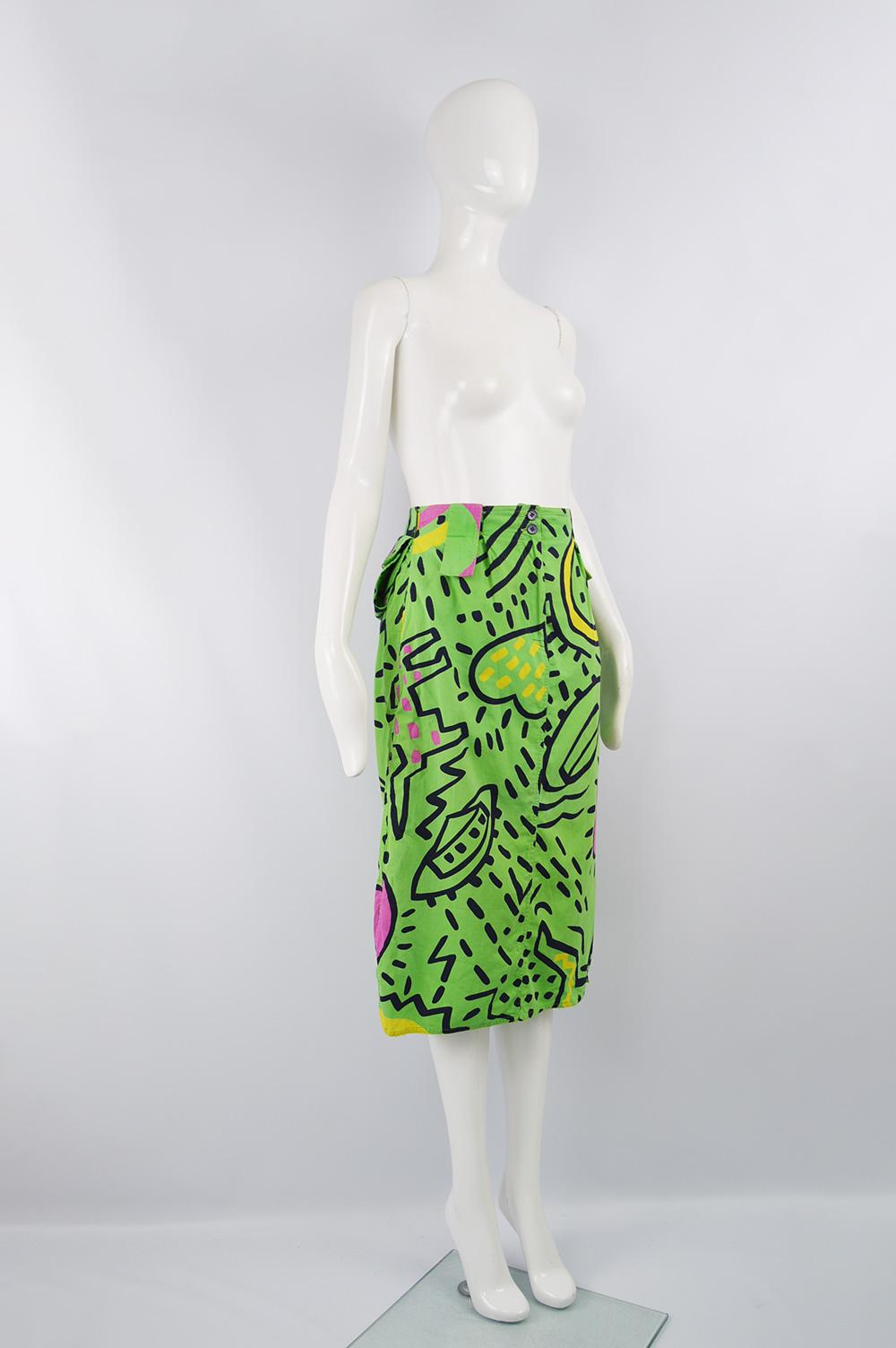 Women's Enrico Coveri Rare Keith Haring Print Vintage Green Cotton Skirt, Spring 1985