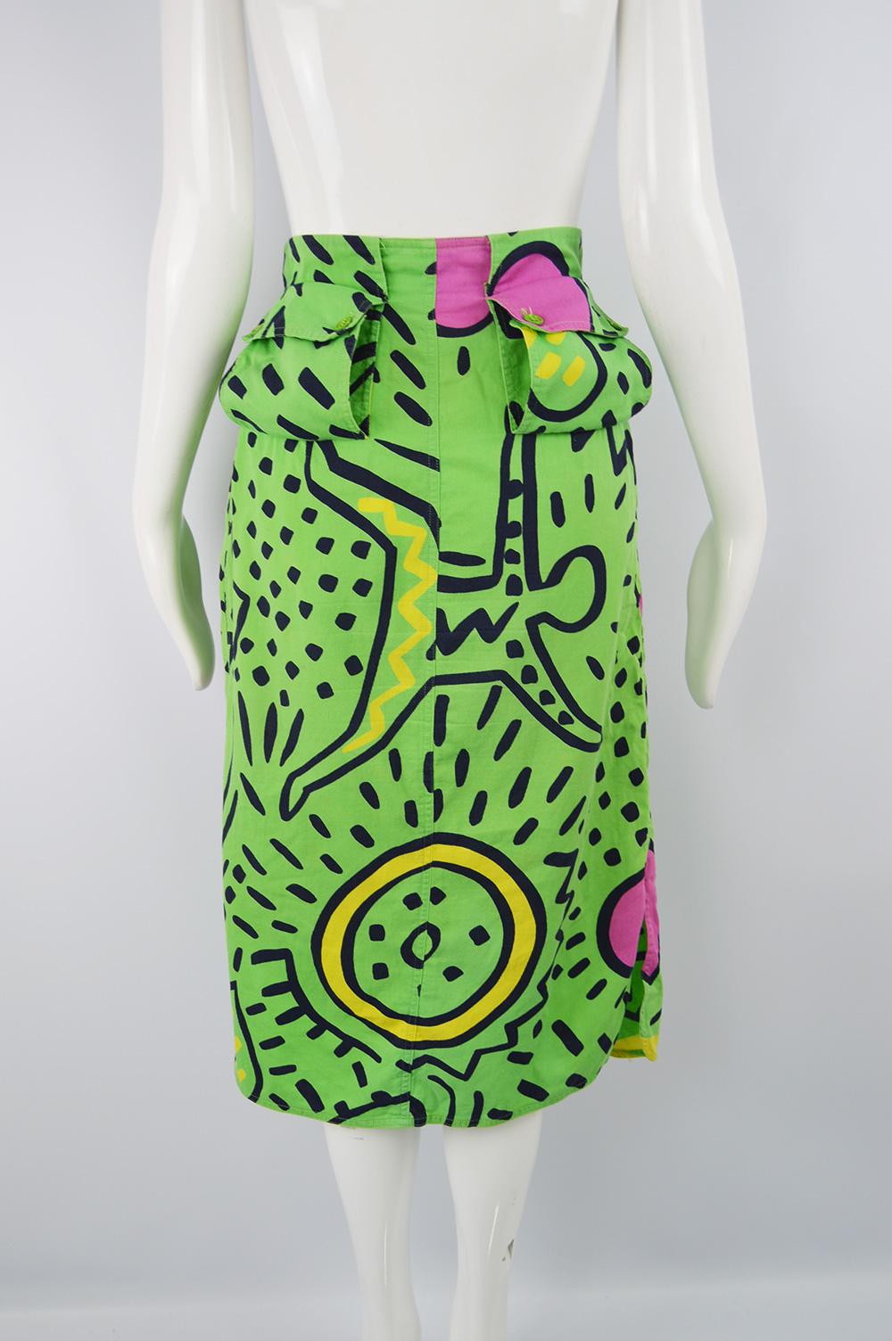 Enrico Coveri Rare Keith Haring Print Vintage Green Cotton Skirt, Spring 1985 1