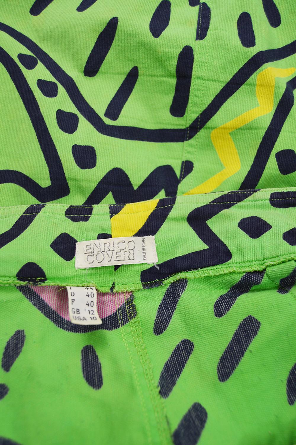 Enrico Coveri Rare Keith Haring Print Vintage Green Cotton Skirt, Spring 1985 3