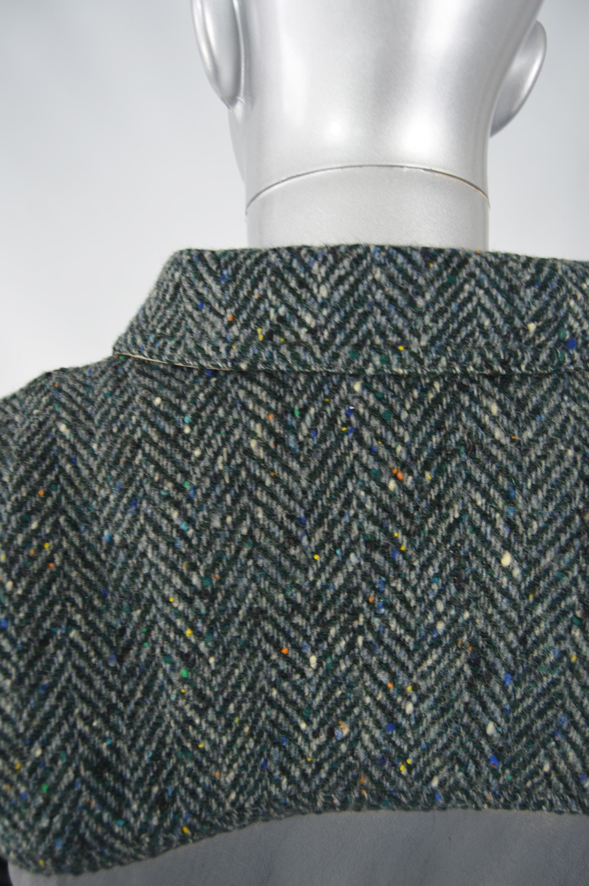 Gray Enrico Coveri Vintage Mens Wool Tweed & Leather Jacket For Sale