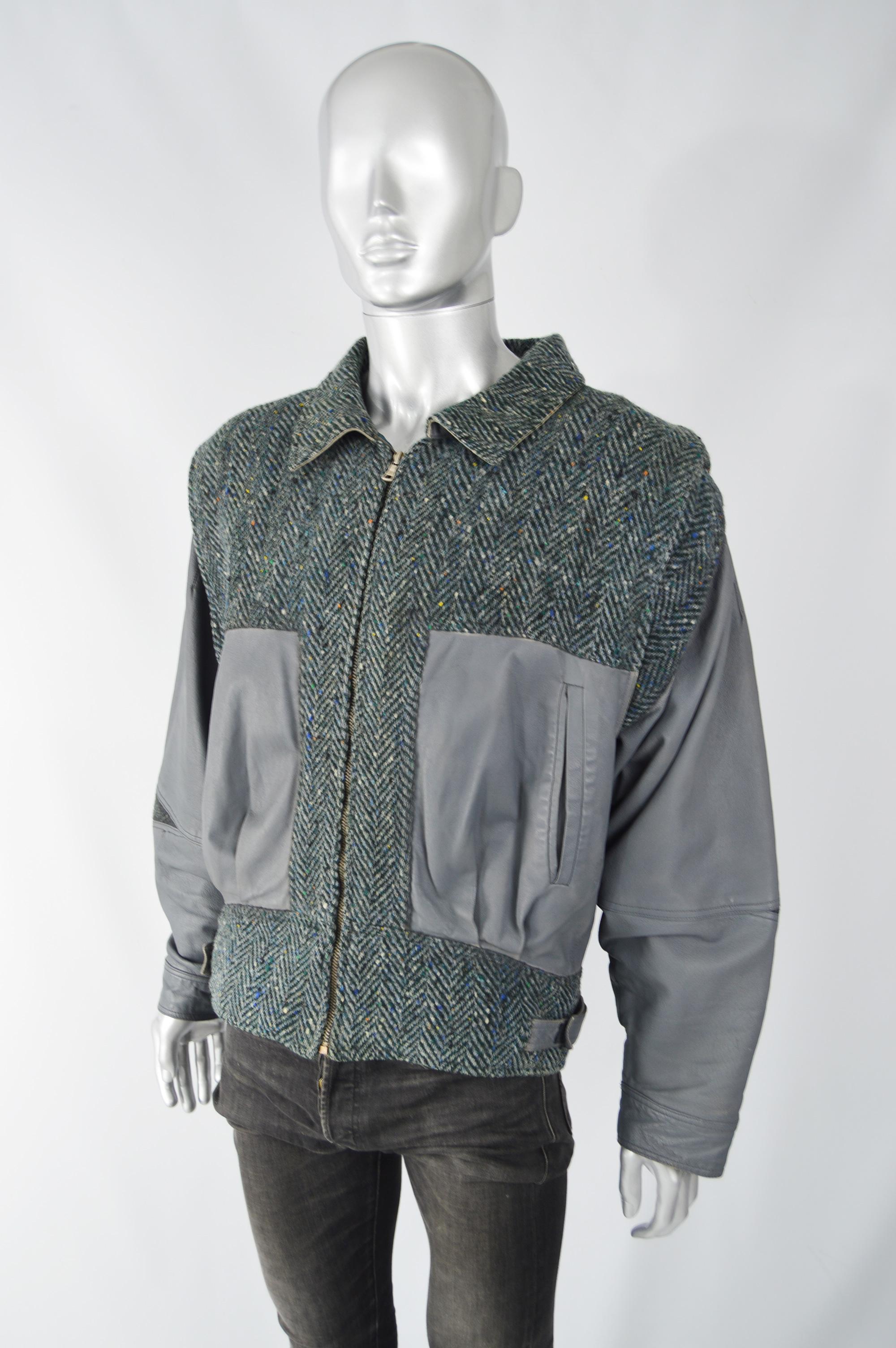 Enrico Coveri Vintage Mens Wool Tweed & Leather Jacket For Sale 1